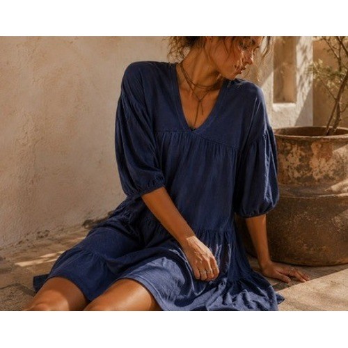 Sundry Navy Blue Tiered Babydoll Mini Dress V-Neck Puff Sleeve Size 2 Medium