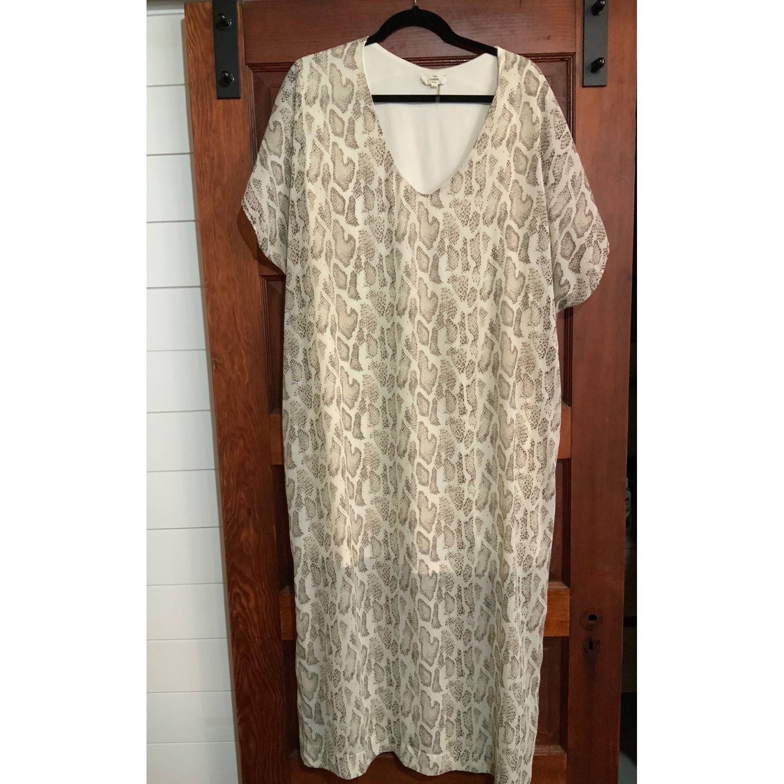 Entro Snakeskin Print V-Neck Maxi Dress Metallic Gold Stripe Tan Cream 2X