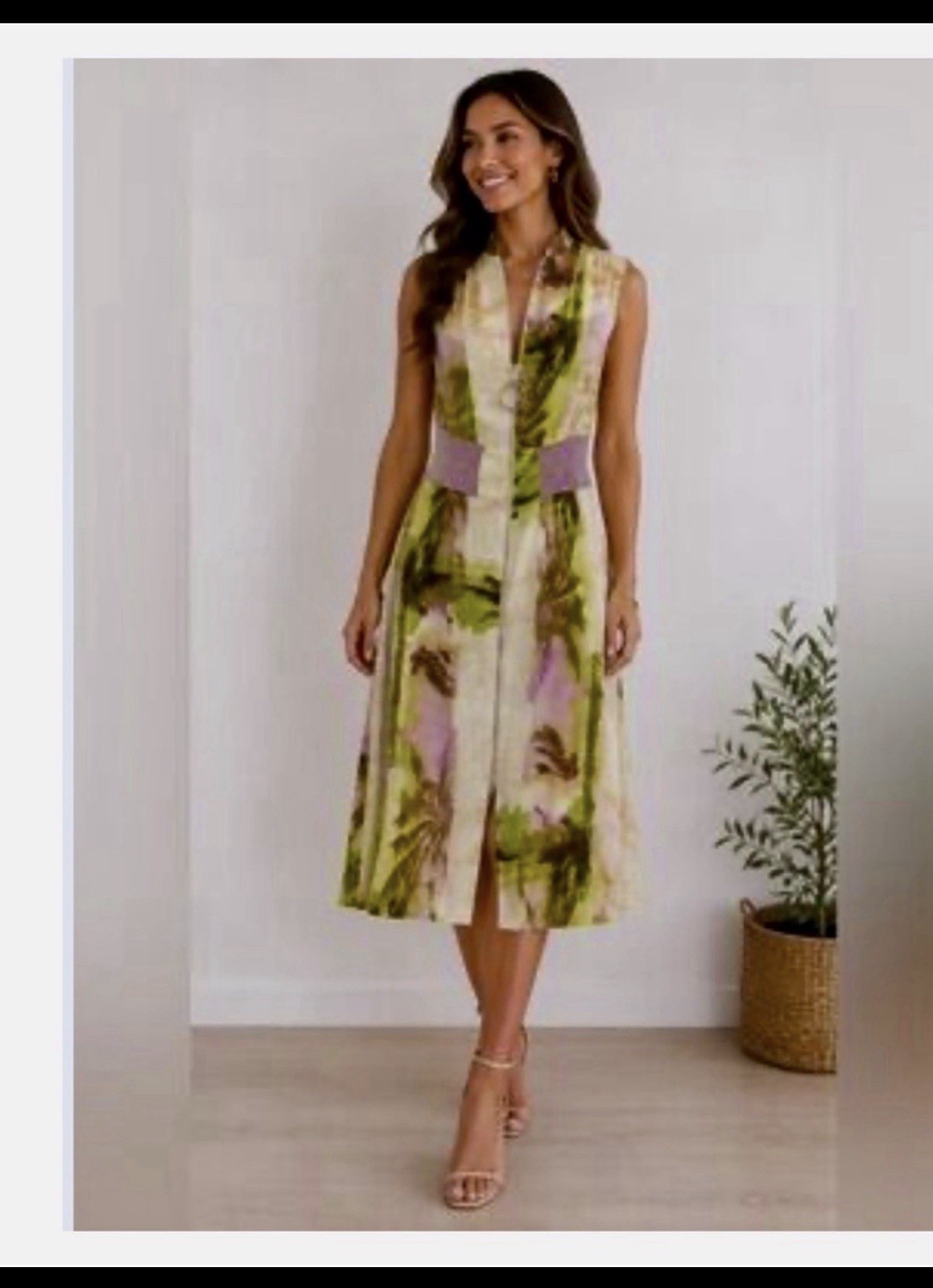 Badgley Mischka Sleeveless Midi Dress in Green and Lilac Watercolor
