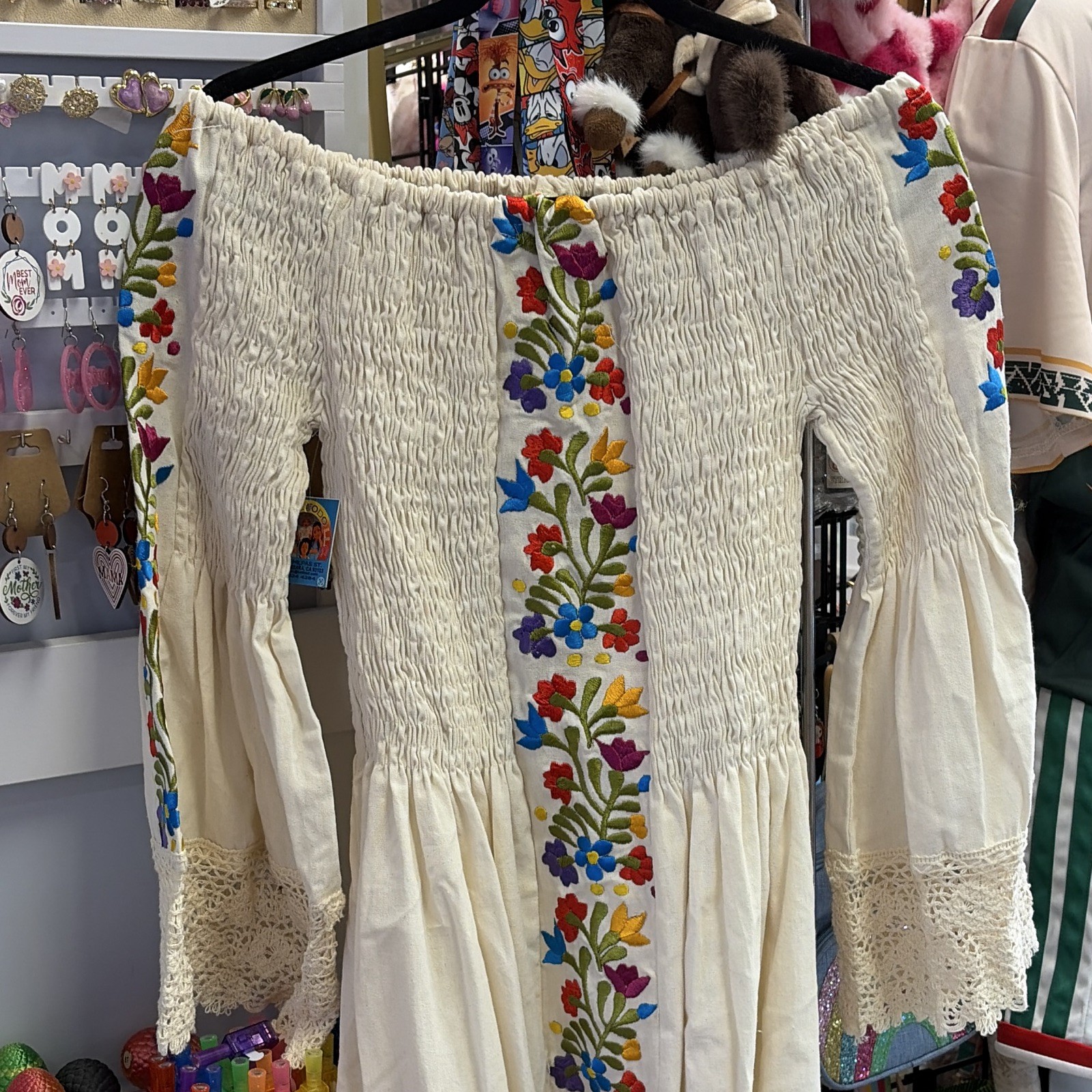 Off Shoulder Smocked Embroidered Lace Trim Midi Dress, White, size m