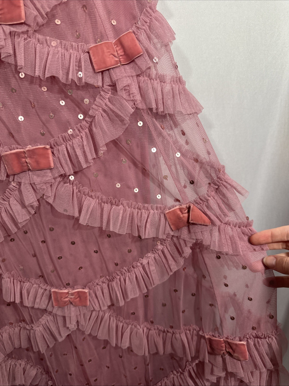 NWT Mac Duggal [ 4 ] 8272 Flutter Sleeve Lattice Bow Mesh Ruffle Mid Dress J2403