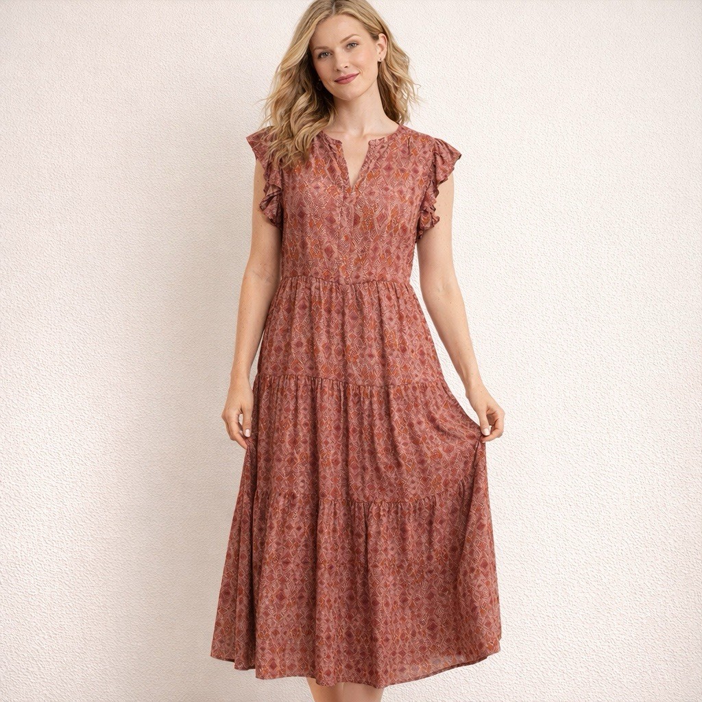 Sweet Magnolia Boho Midi Dress Medium Rust Geometric Tiered Flutter Sleeve
