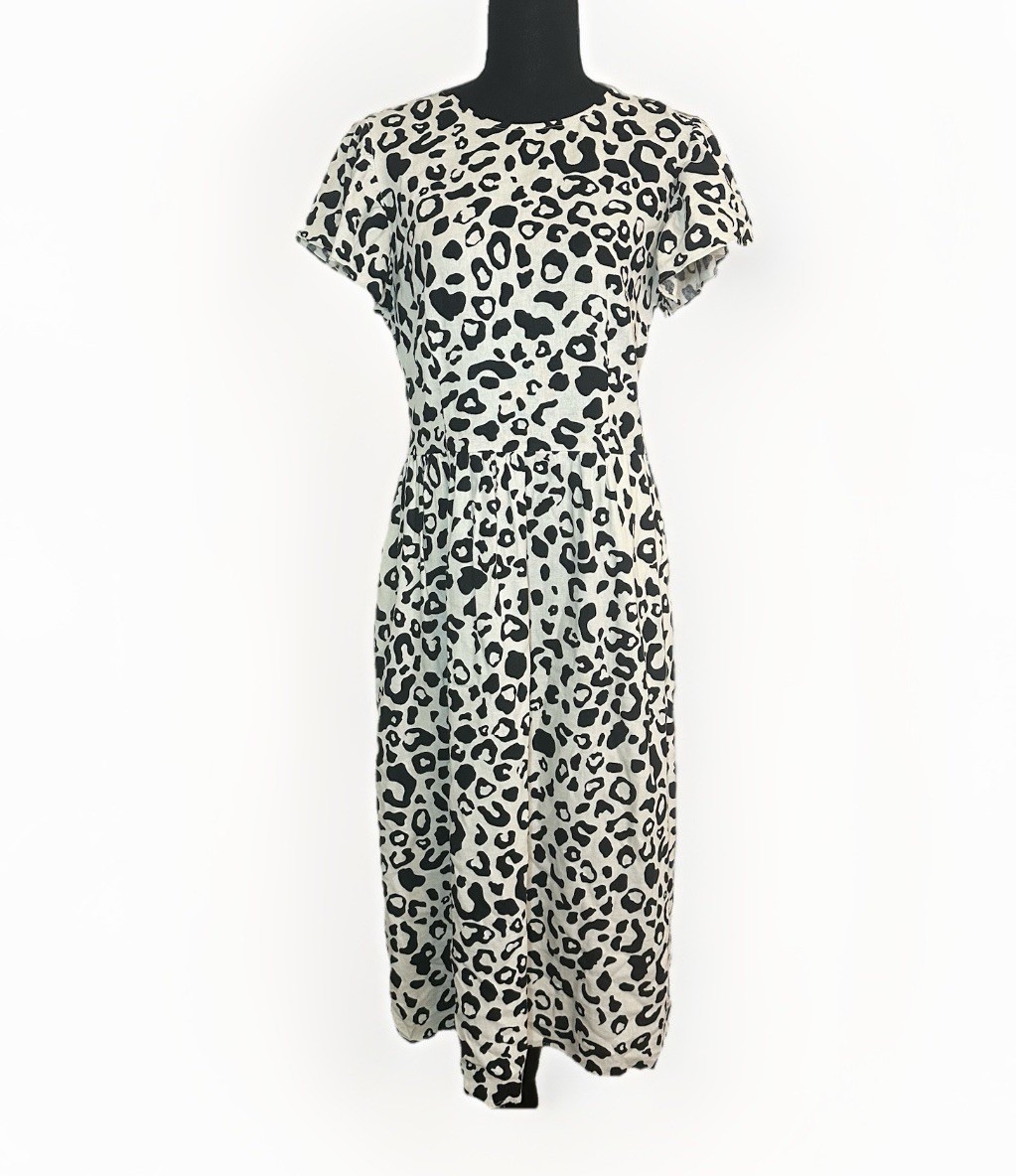 Who What Wear Linen Blend Leopard Ivory Black Flutter Sleeve Midi Dress SMALL