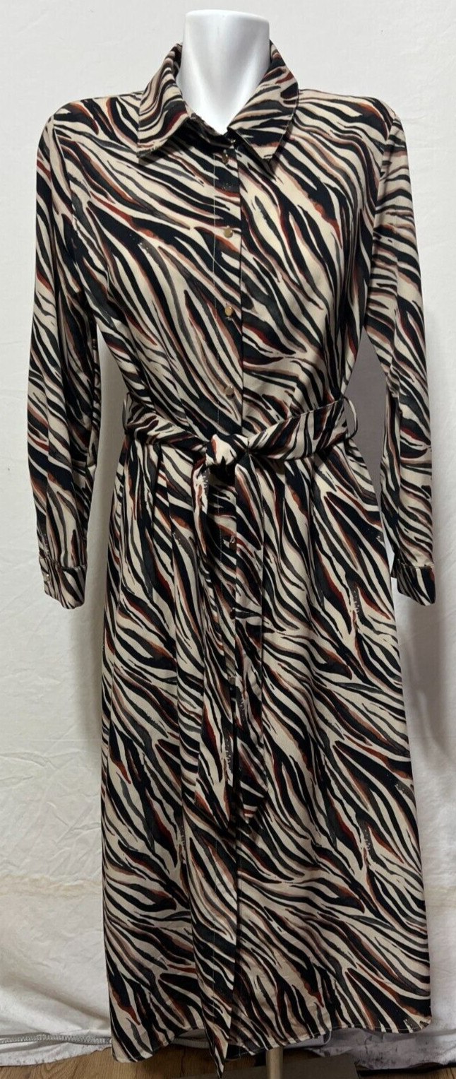 ZARA Women Medium Zebra Print Midi Shirt Dress Button Up Belt Beige Black Brown