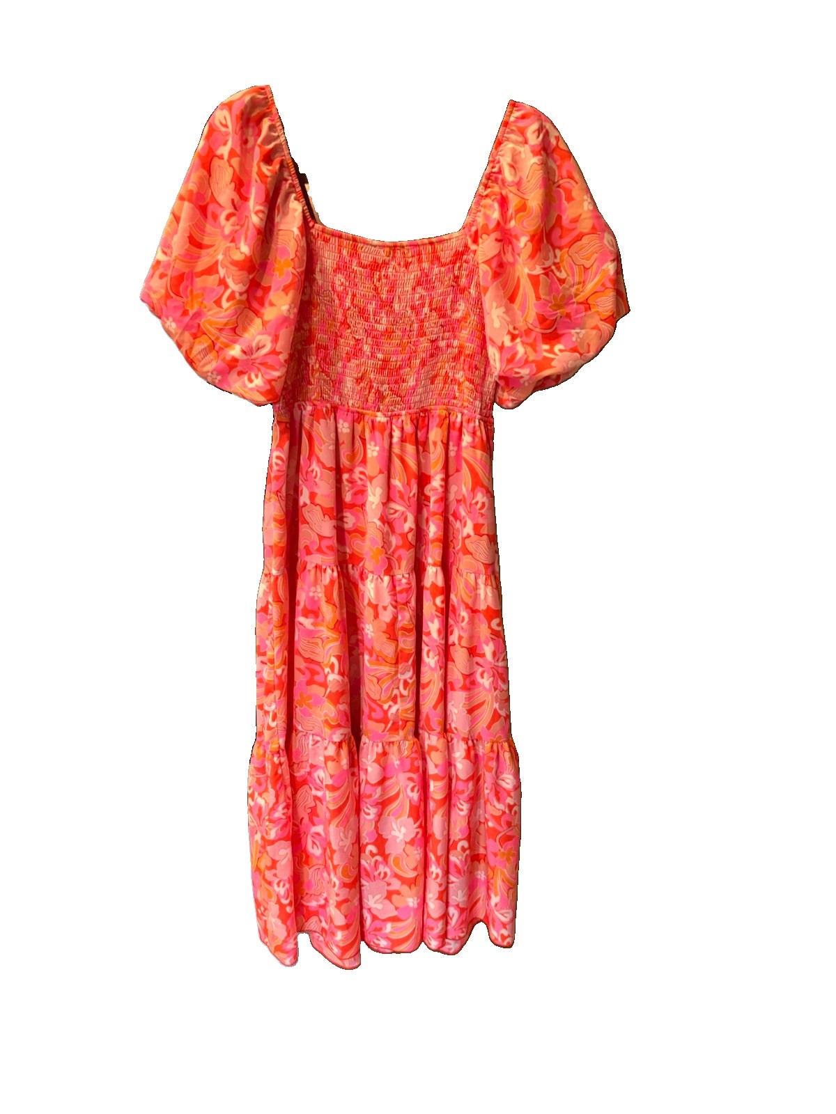 BTFBM Pink Orange Floral Smocked Ruched Lined Square Neck Puff Midi Dress Sz M