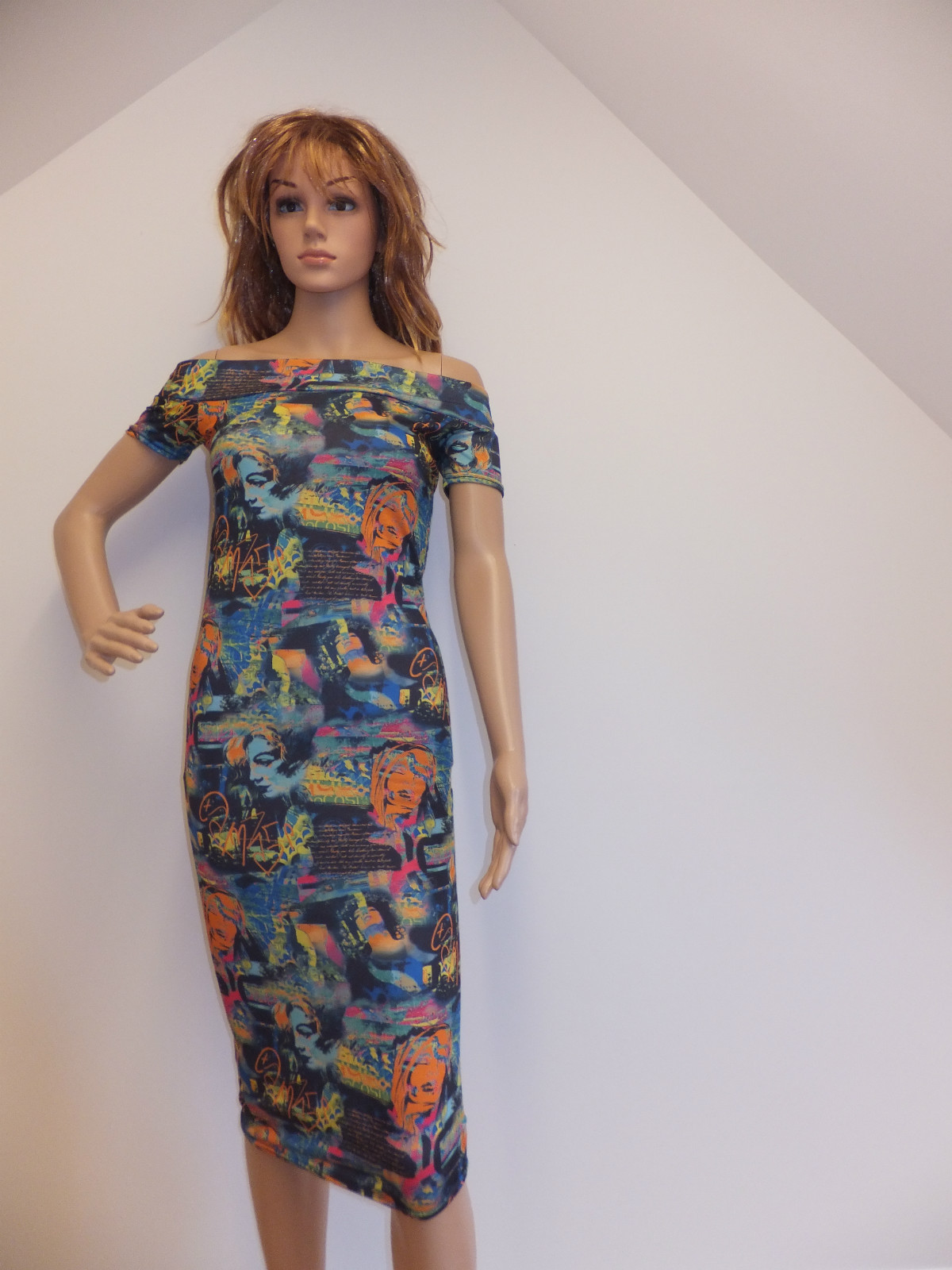 NEW WOMENS CAP SLEEVE OFF SHOULDER GRAFFITI PRINT STRETCH BODYCON DRESS S/M, M/L
