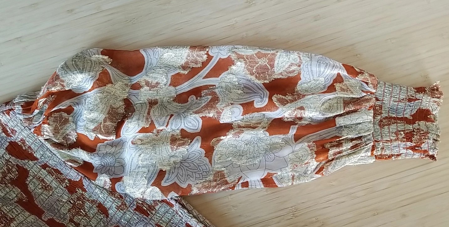Boden Smocked Jacquard Maxi Dress Rust Copper Paisley Gold Metallic US 8 EUC