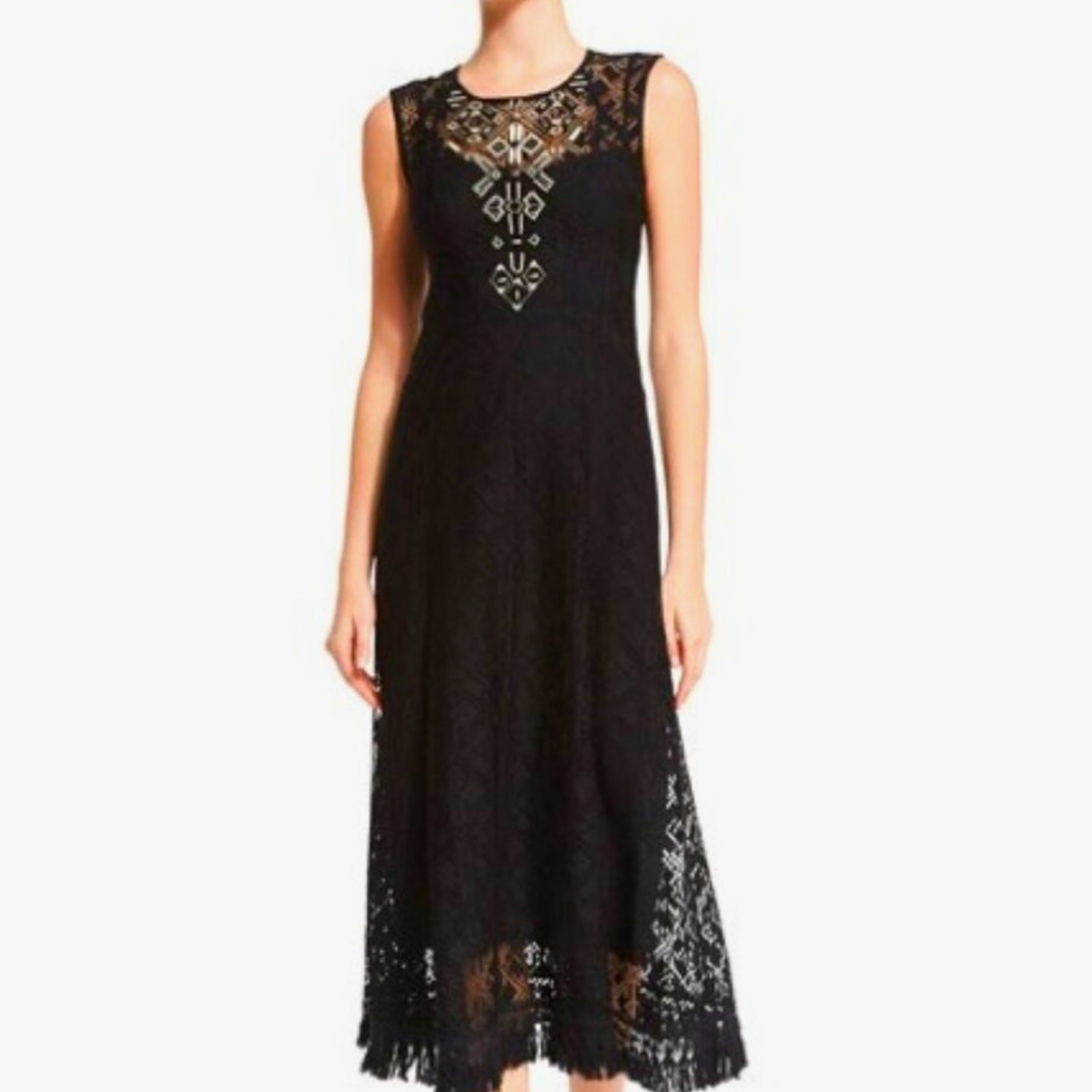 Nanette Lepore Black Midi Dress 4 Cocktail Small Semi Formal Boho Beaded Fringe