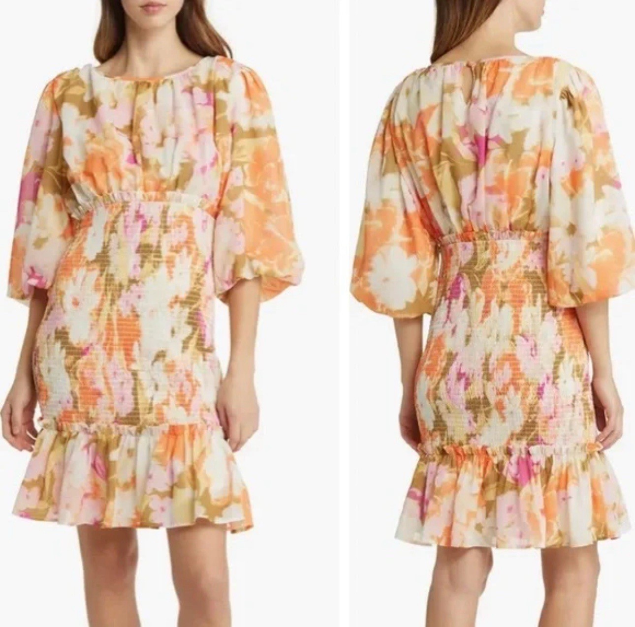 Rachel Parcell NWT Spring Floral Smocked Chiffon Dress Sm Orange Wedding Guest