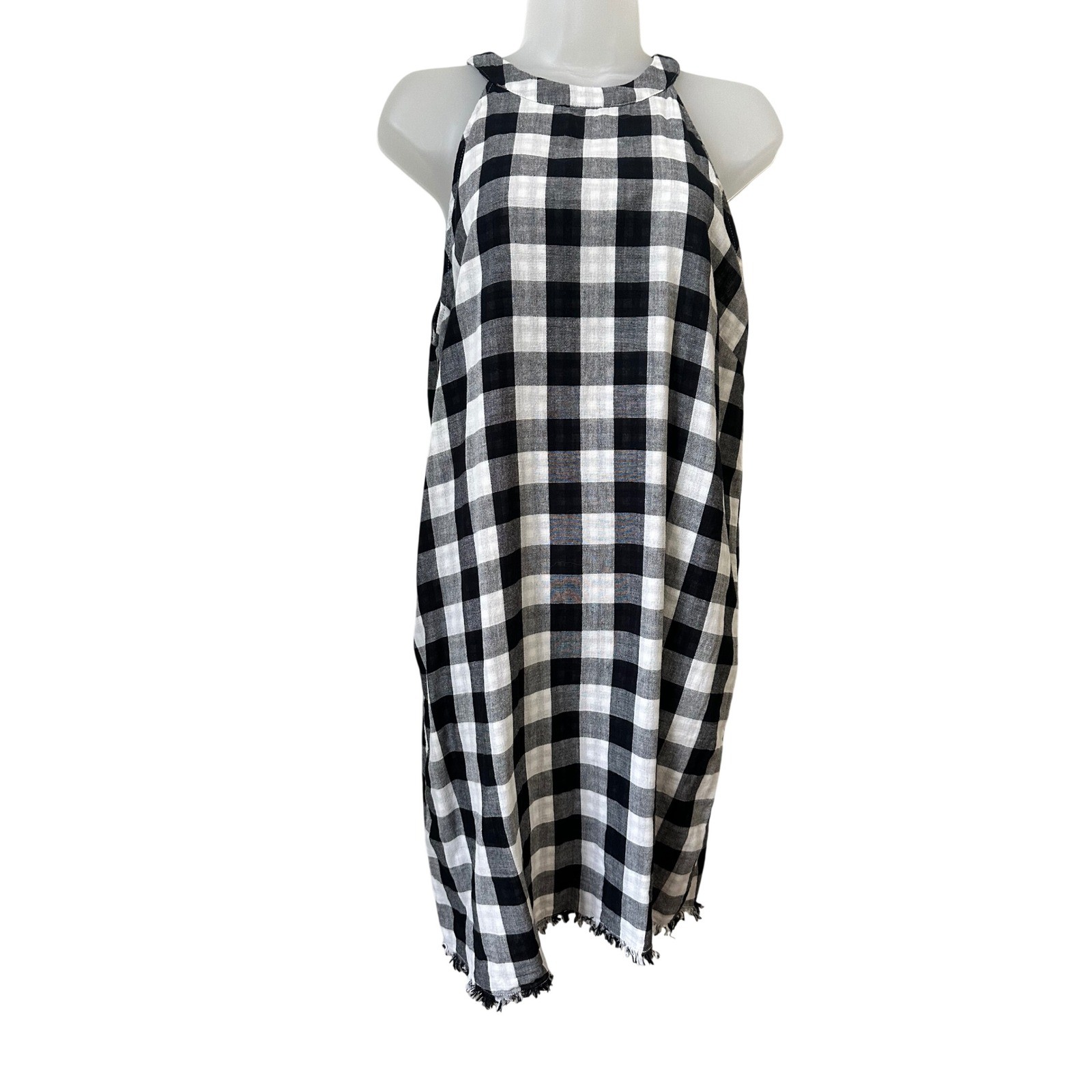 Velvet Heart Black White Buffalo Plaid Halter Dress Fringe Hem Cotton Womens M