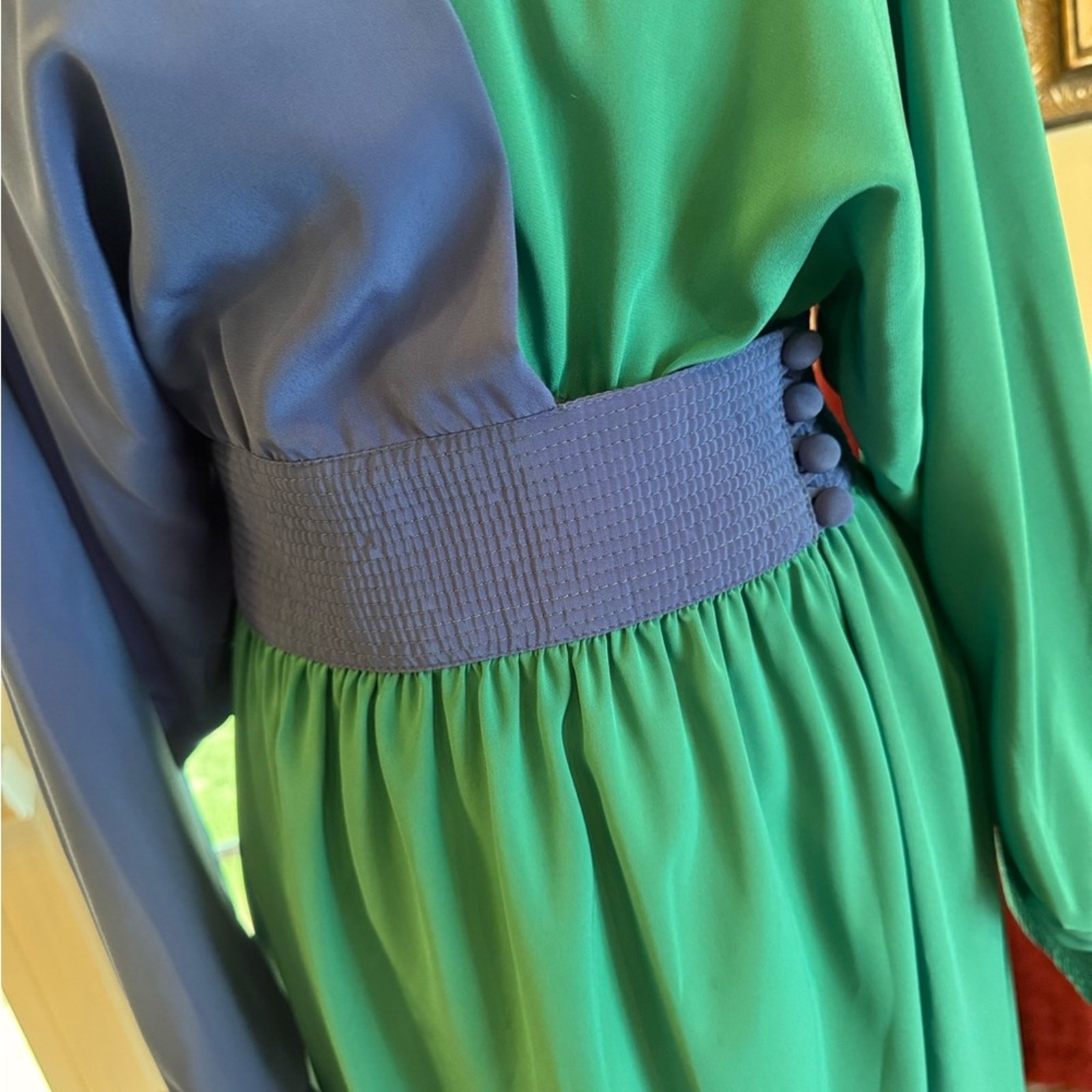 Adele Simpson Vintage Color Block Bat Wing Dress Blue Green Flowy Long Sleeve 8