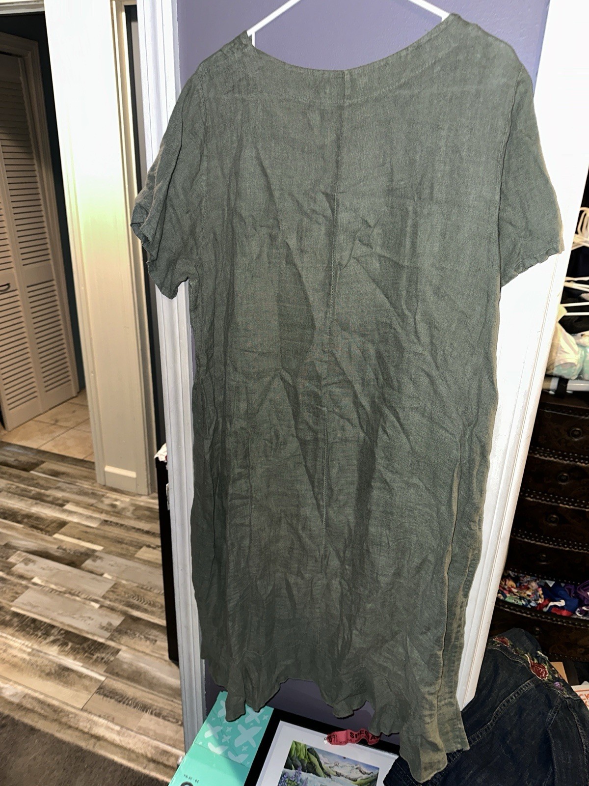 Meo Meli Green Solid Linen V-Neck Short Sleeve Sheath Long Dress 172 Italy