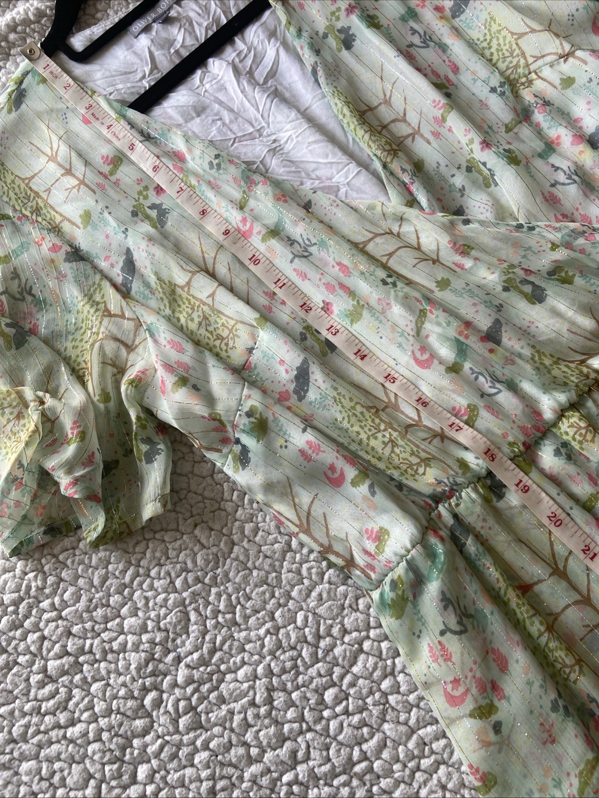Oliver Bonas Sheer Floaty Leaf Print Midi Dress Ruffle Metallic Detail Size 16