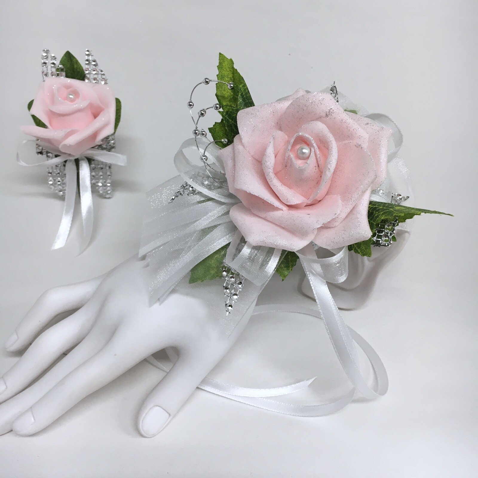 Glamour Single Pink Foam Rose on White with Silver Trim Prom Corsage Combo