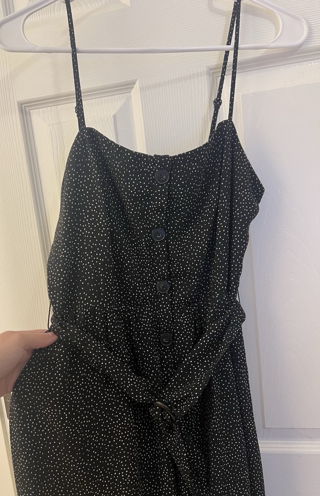 EXPRESS Small Black Polka Dot Belted Dress Coquette Sweetheart Button Strap