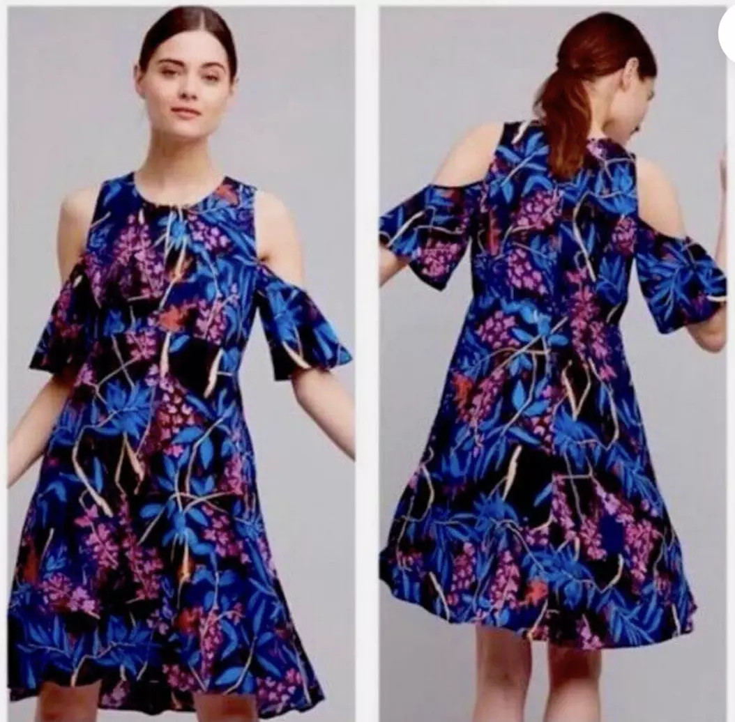 Anthropologie Maeve Mini Dress Floral Cold-Shoulder Black Blue Elia Size 8 NWT