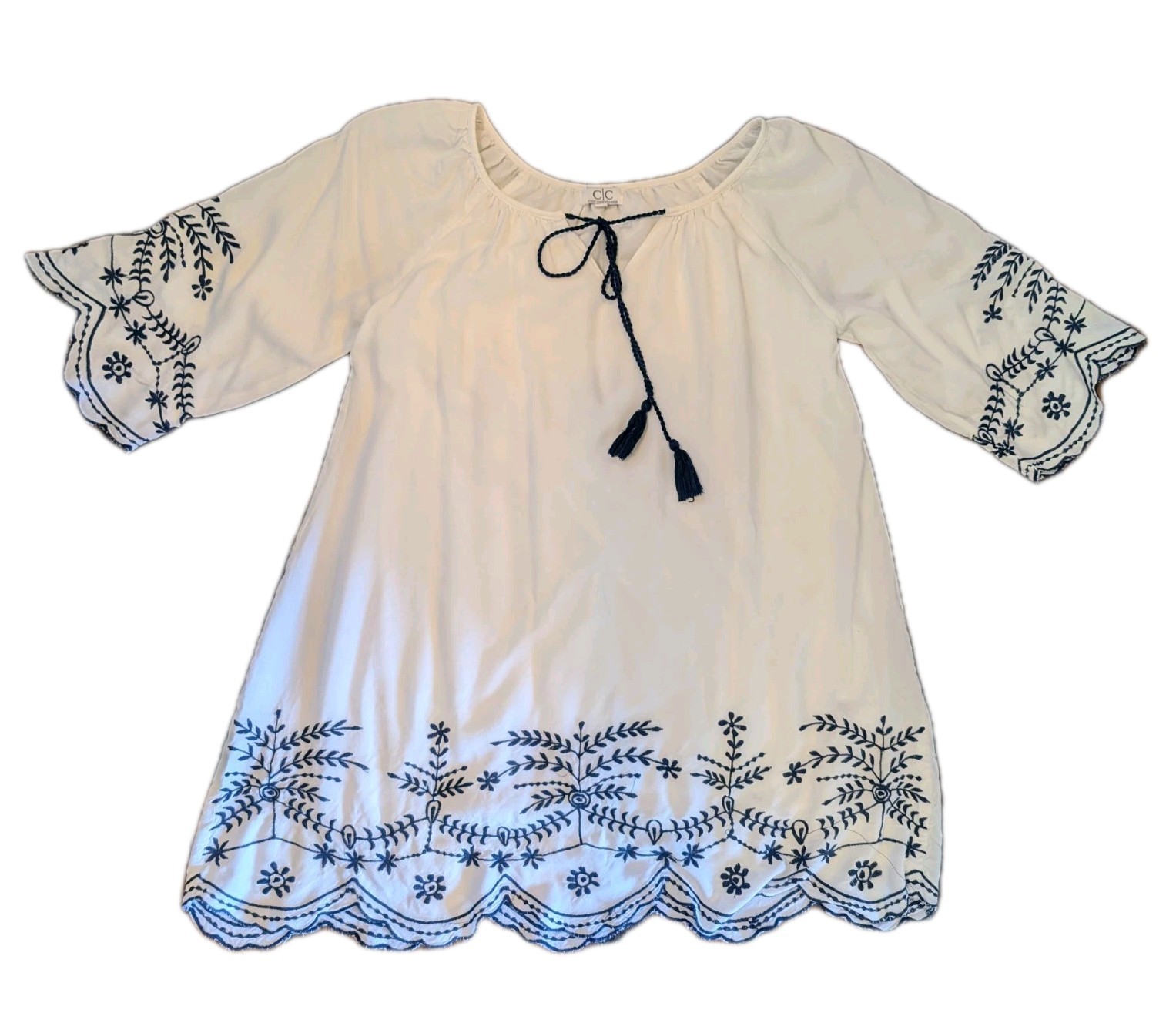 Boho White Flowy Tunic Dress Blue Embroidery Chic Connections Tassels Lined