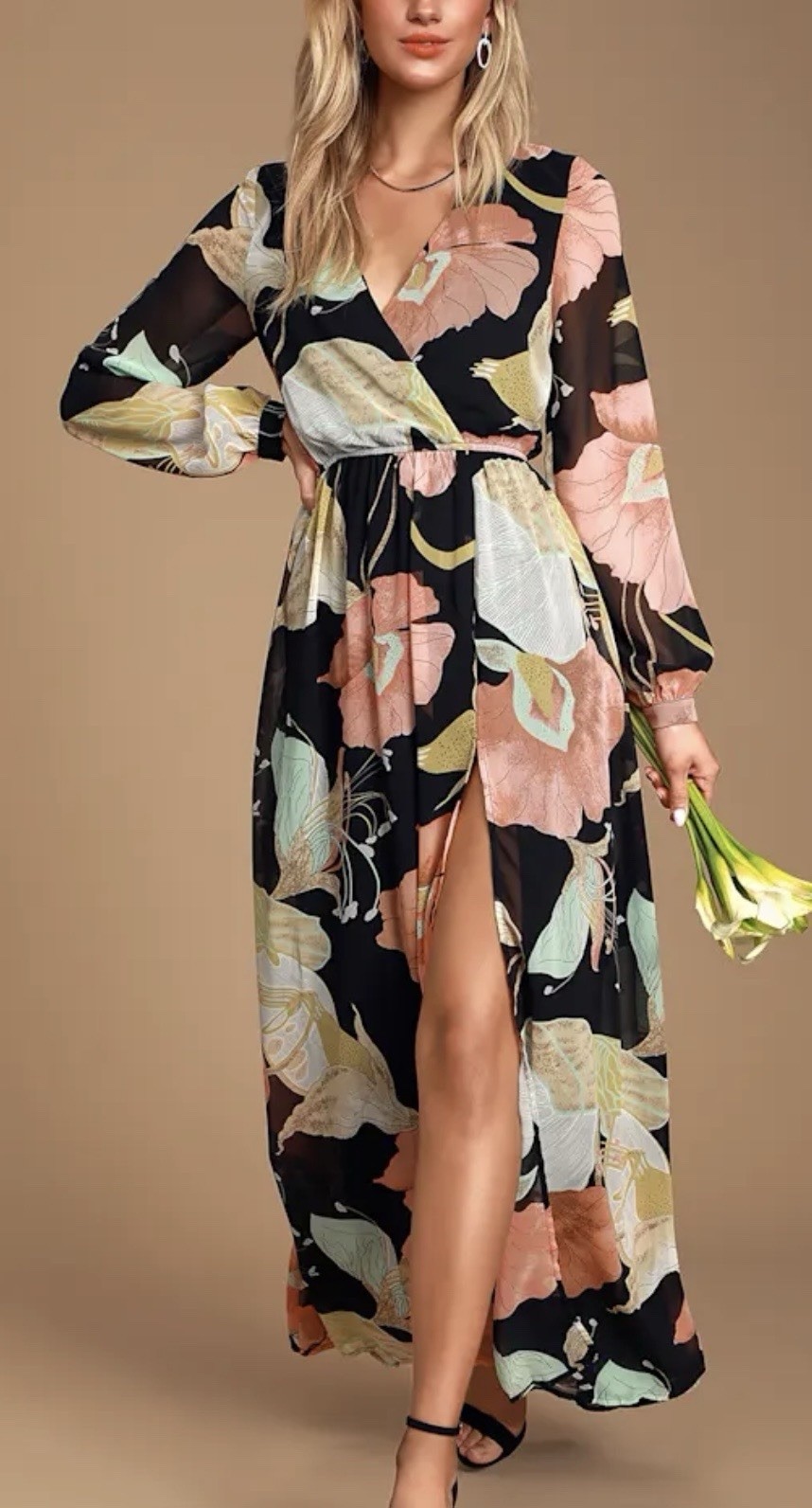 Lulus Wondrous Water Lilies Black Floral Print Maxi Dress Medium New V-neck