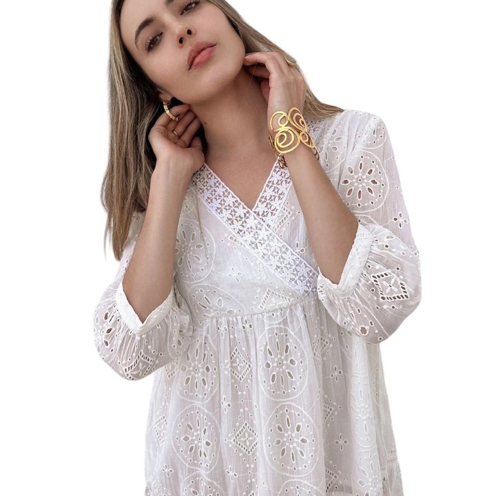 Debbie Katz South Beach Bree Eyelet Swim Coverup White 3/4 Sleeve Dress XL