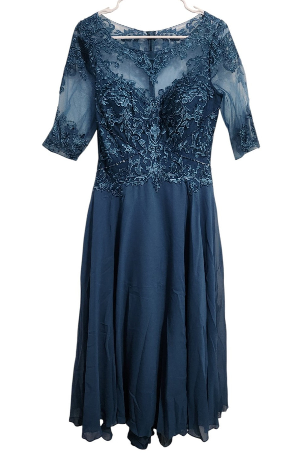 JJs House Womens US 10 Midi Dress Elbow Sleeve Embroidered Floral Lace Ink Blue