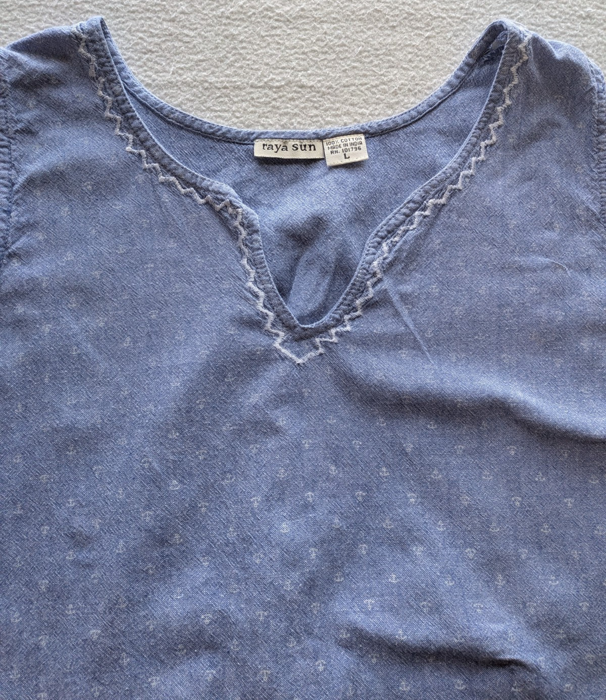 Raya Sun Embroidered Chambray Anchor Dress Blue Large Boho Resort Beach Nautical