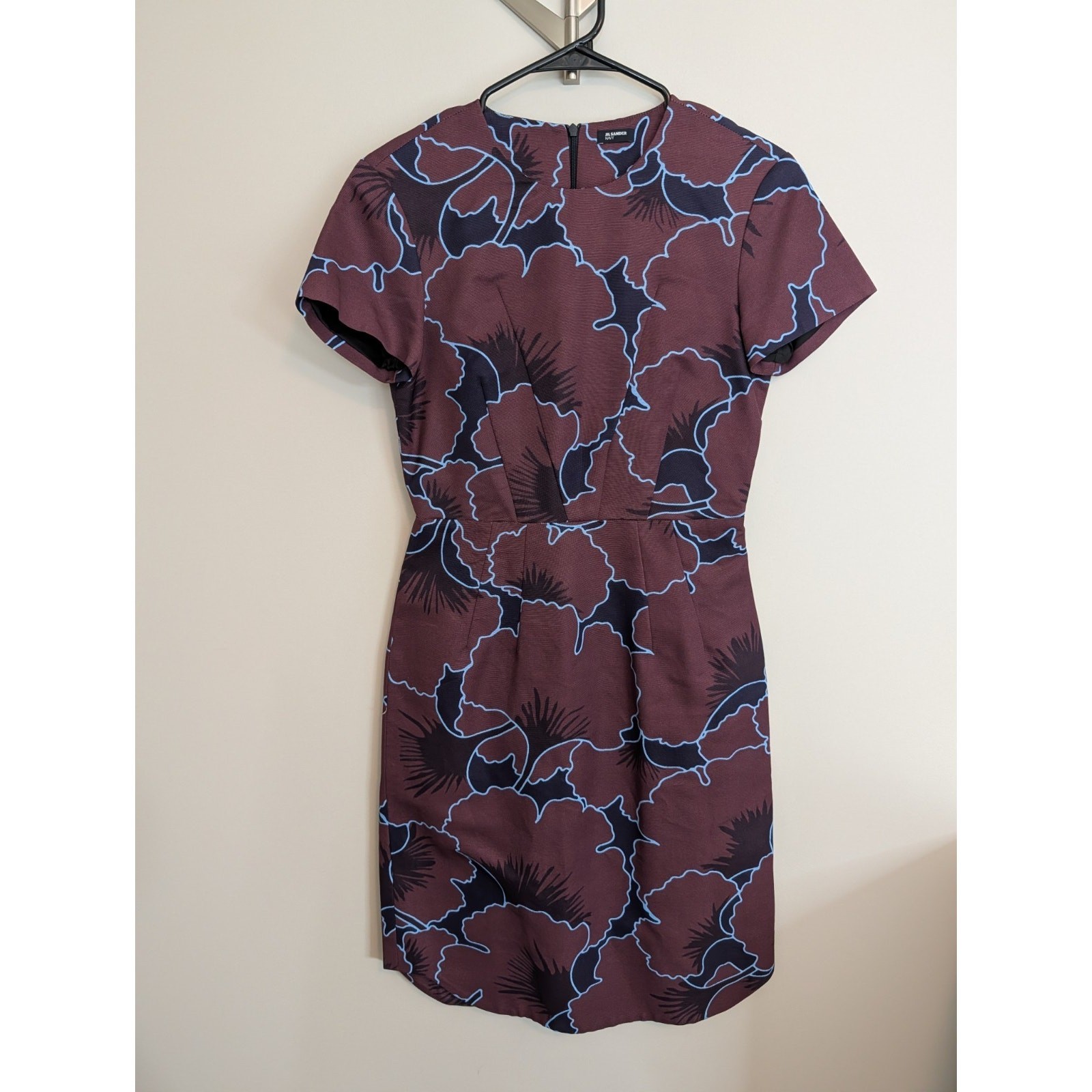 Jil Sander Navy Abstract Print Sheath Dress 34 XS Burgundy Blue Made in Italy
