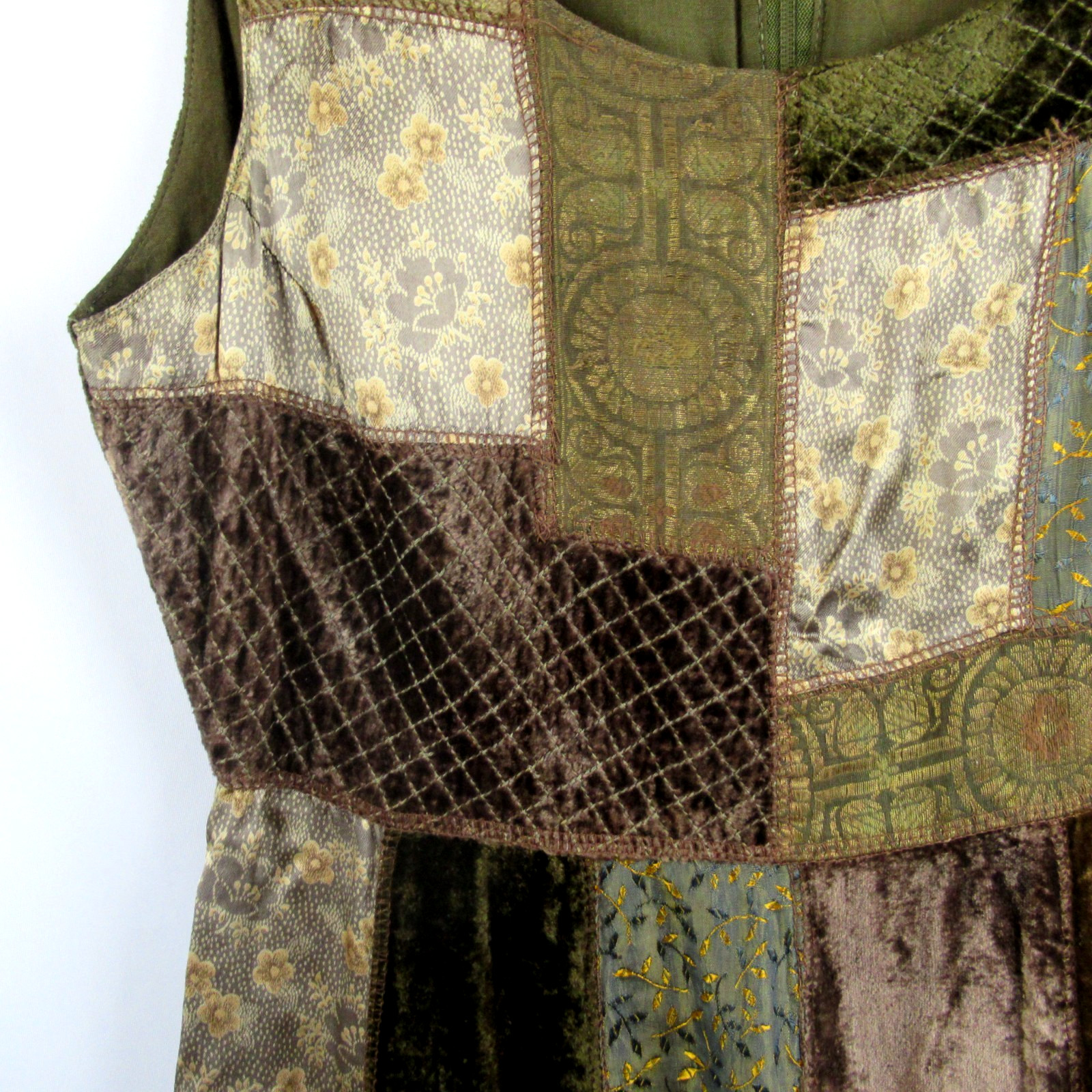 Vintage RENE DERHY VELVET PATCHWORK DRESS Brown Olive Scalloped Hem Size S Boho