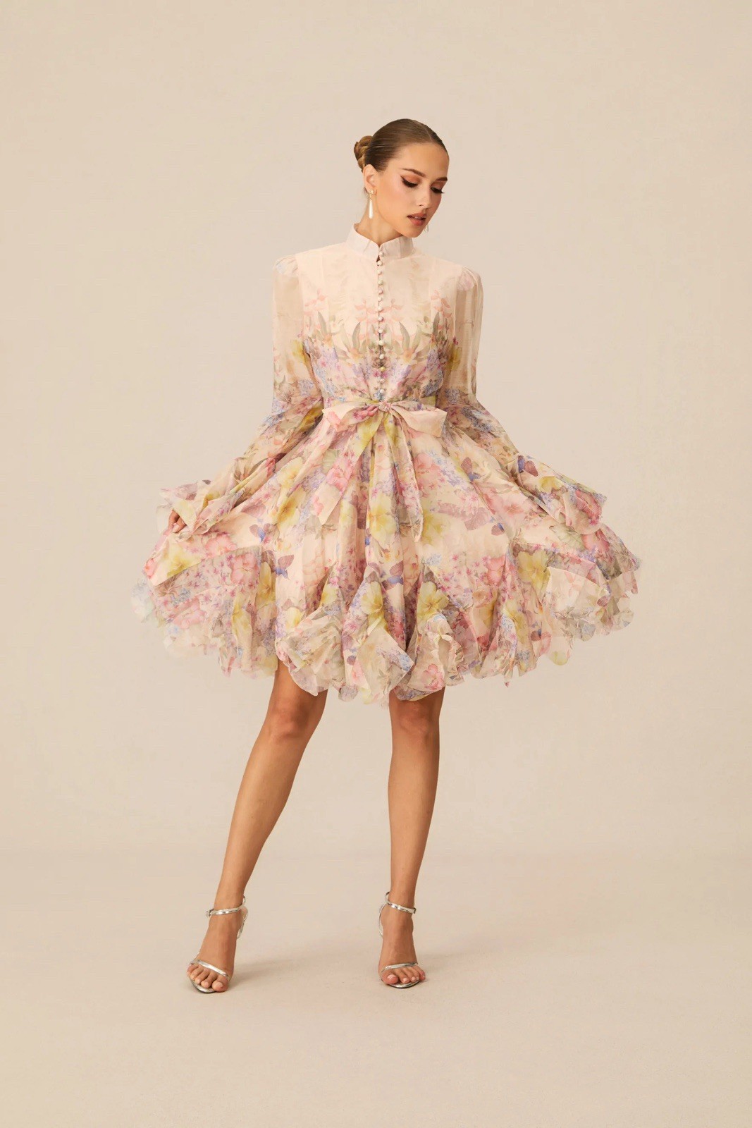 Sunfere Lana Floral Print Flared Mini Dress NWT Lg. Apricot Garden Party Brunch