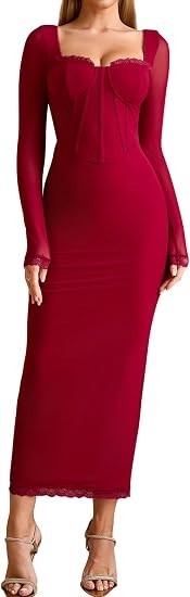 KUTUMAI Corset Lace Long Sleeve Formal Dress Back Slit Bodycon Fall Cocktail (M)