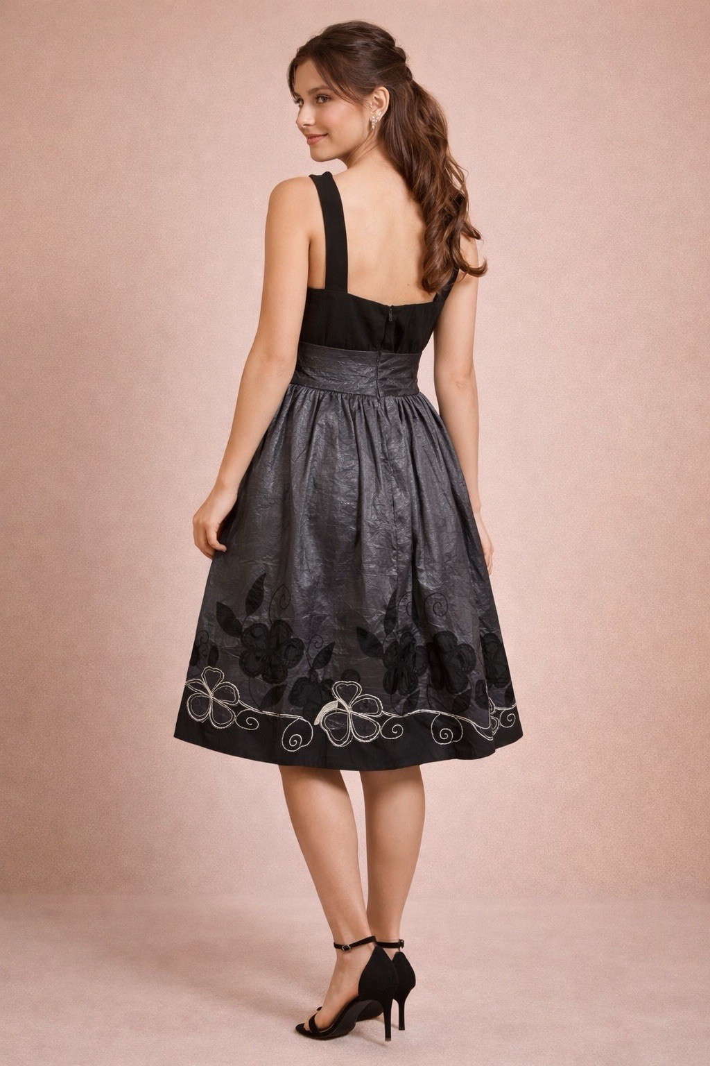Jodi Kristopher Black/Gray Satin Empire Waist Dress Embroidered Juniors Sz 11/12