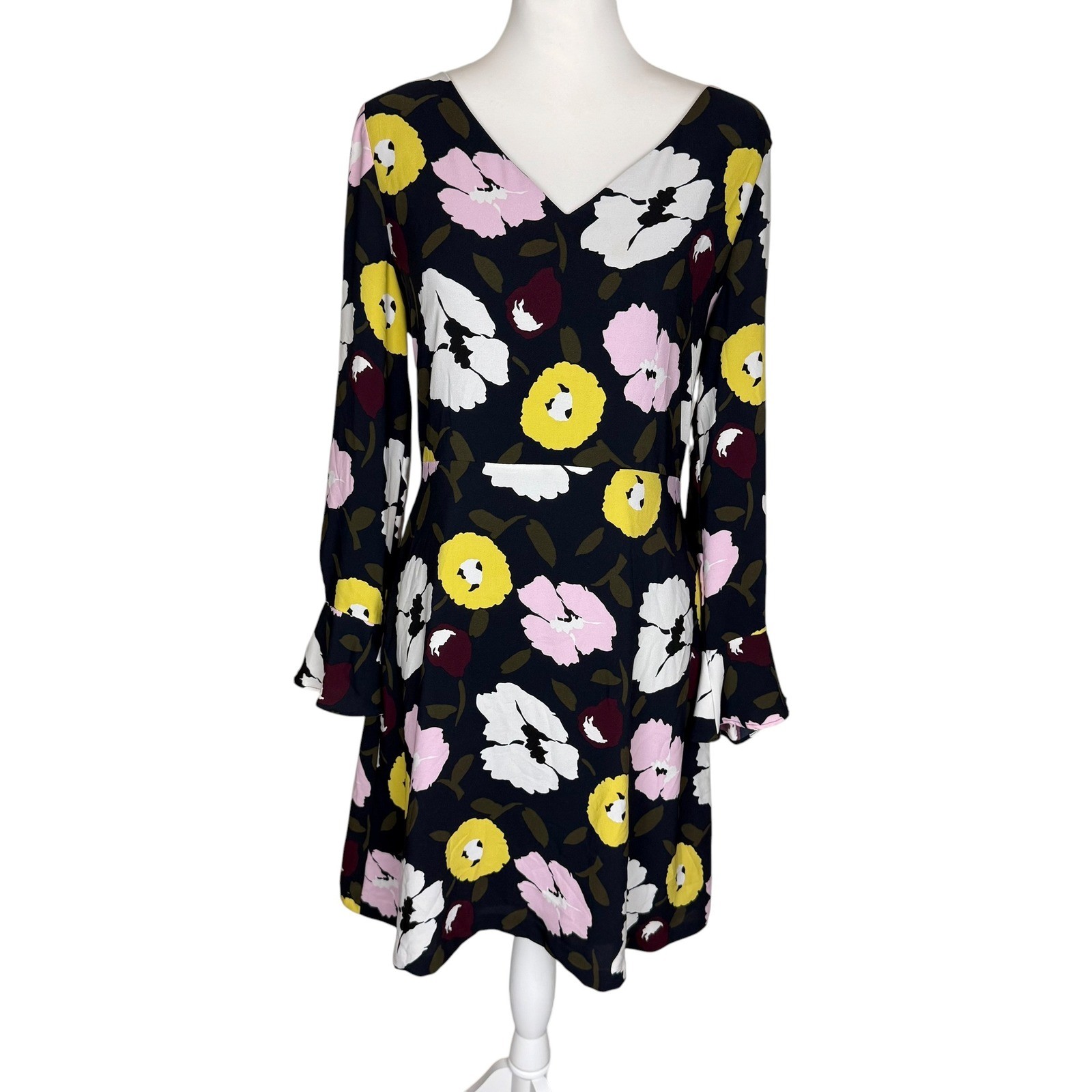 Ann Taylor Factory Floral V-Neck Fit & Flare Dress Navy Blue Yellow Pink Size 8