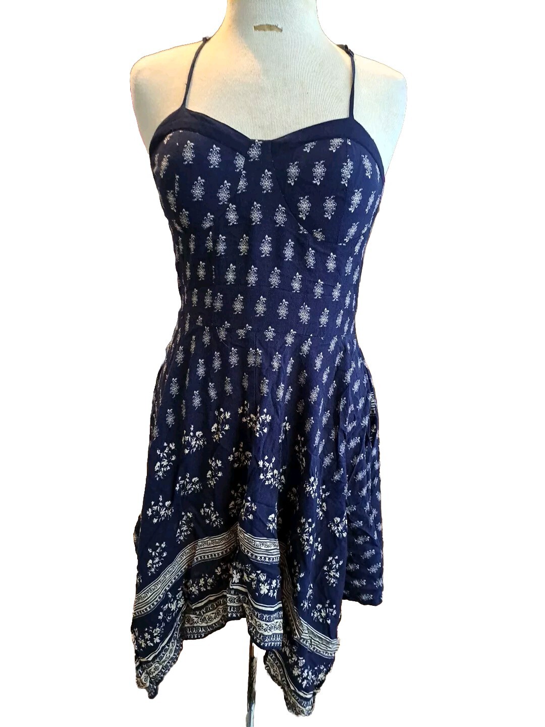 Band of Gypsies Women’s L Blue floral Assymetrical Sundress Strappy Smocked