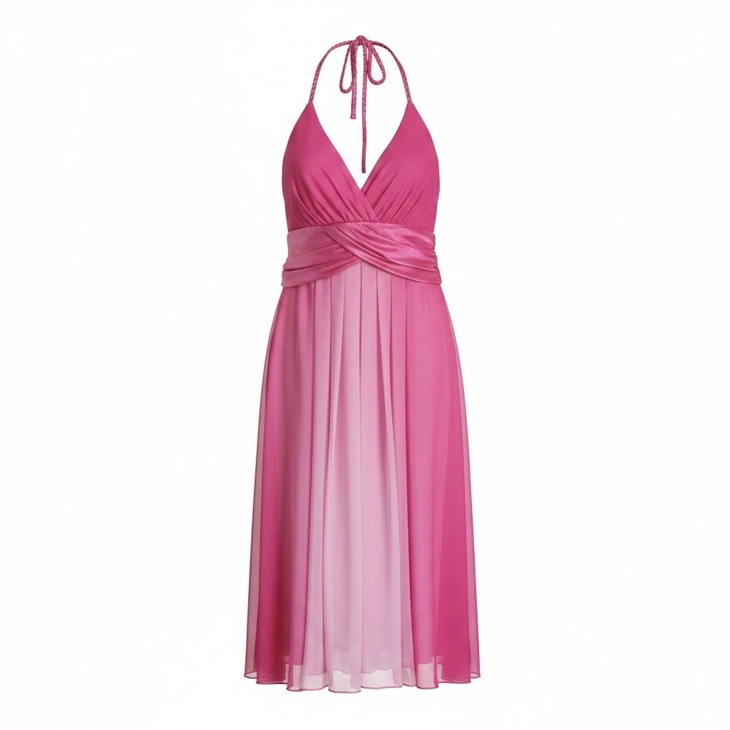Pink Ombre Halter Pleated Chiffon Empire Waist Party Dress Womens