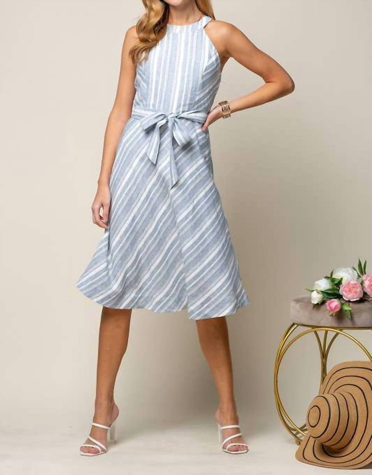 Doe And Rae Halter Neck Multiple Stripe Midi Dress Size L