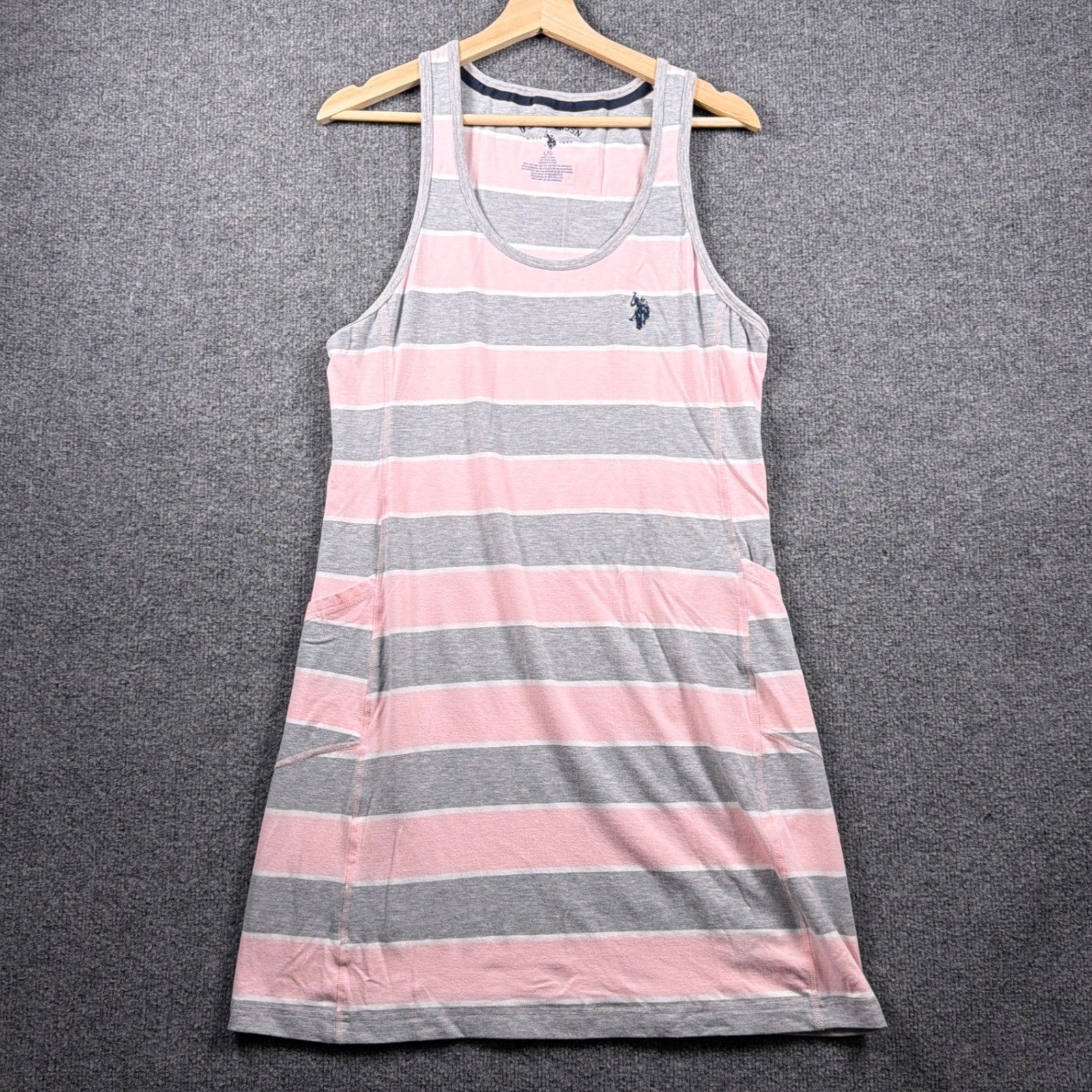 U.S. Polo Assn. Tank Dress Women Large Pink Grey Striped Pockets Sleeveless