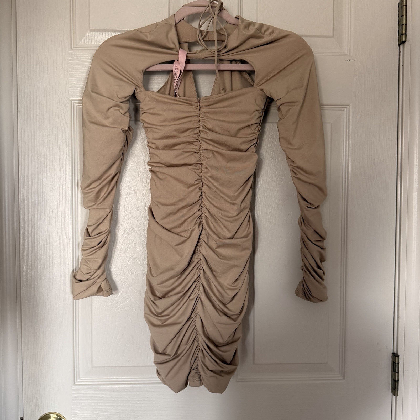 Ruched Nude Bodycon Mini Dress Halter Cutout Long Sleeve Party Club Cocktail US4