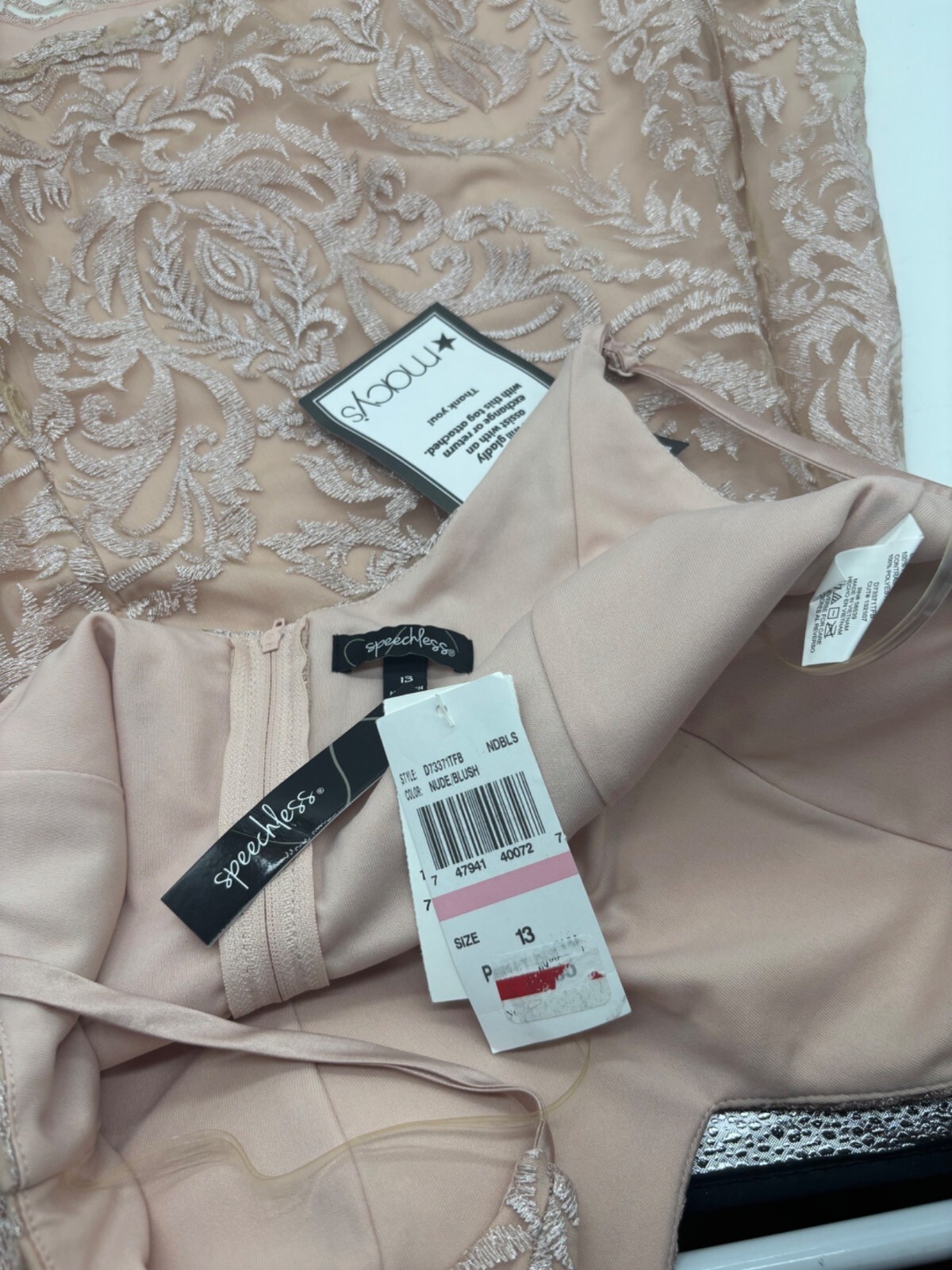 Speechless Juniors’ Shimmer Embroidered Fit & Flare Dress Nude Blush, Sz. 9