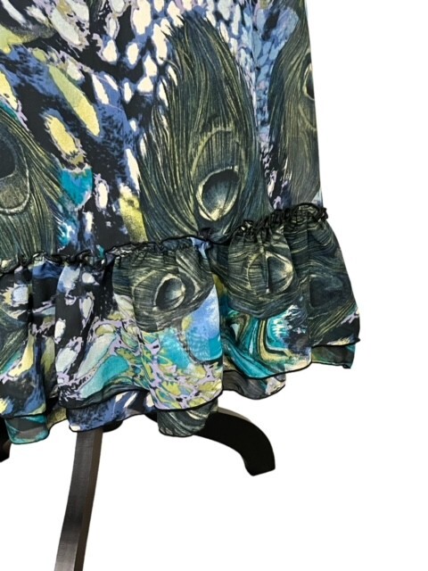 Belle Du Jour Mini Shift Dress M PEACOCK Feathers Ruffles BOHO Lined SUPER CUTE!