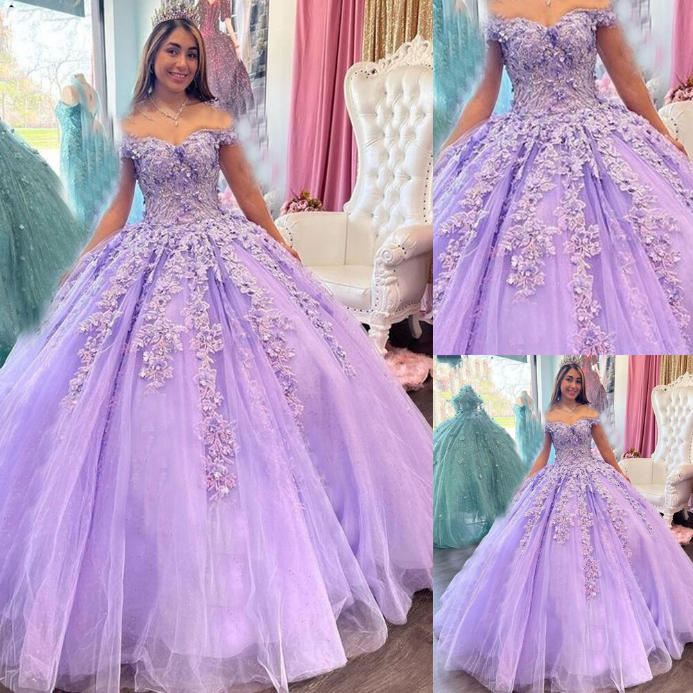 Lilac Quinceanera Dresses Off Shoulder Lace Applique Birthday Party Ball Gowns