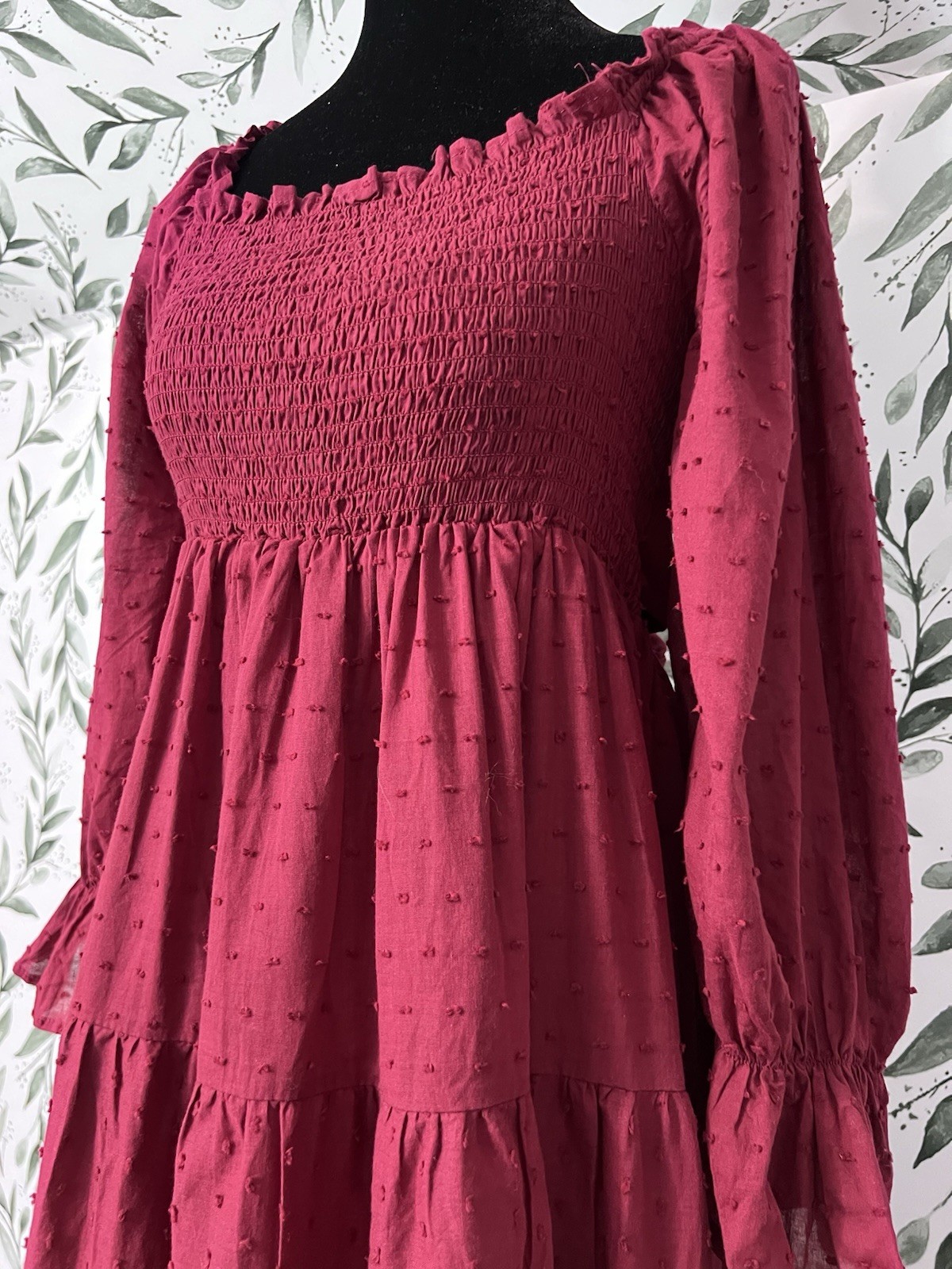 R. Vivimos Plaid Puff Sleeves Bow Boho Midi Dress Sz M Burgundy Vacation Casual