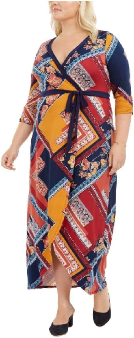 Love Squared Plus Size Printed Faux-Wrap Dress Blue Multi, Size 3X