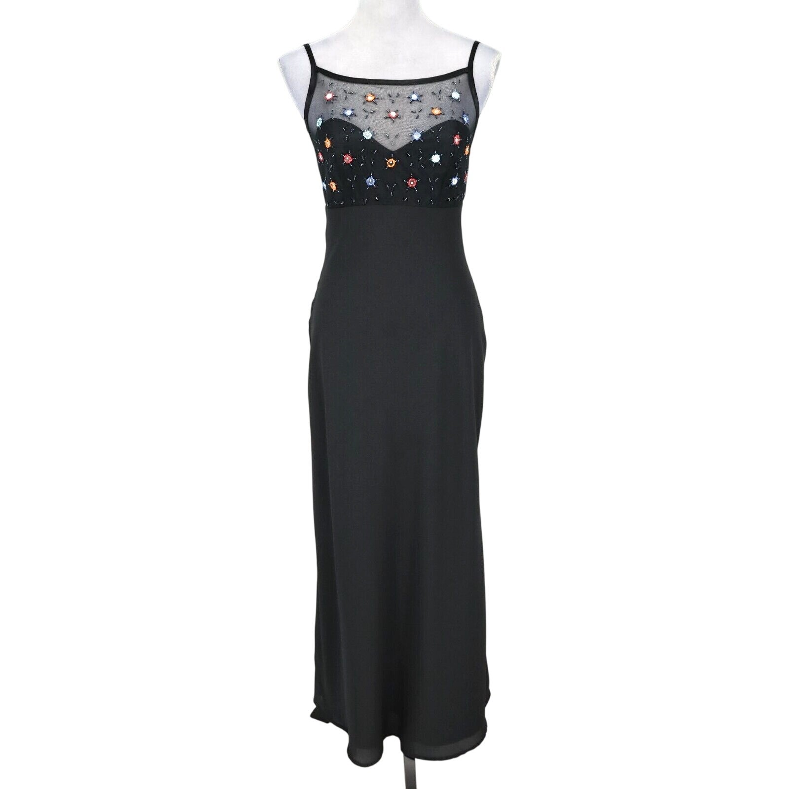 Morgan and Co Dress Gown Womens 4 Black Chiffon Beads Back Zip Linda Bernell