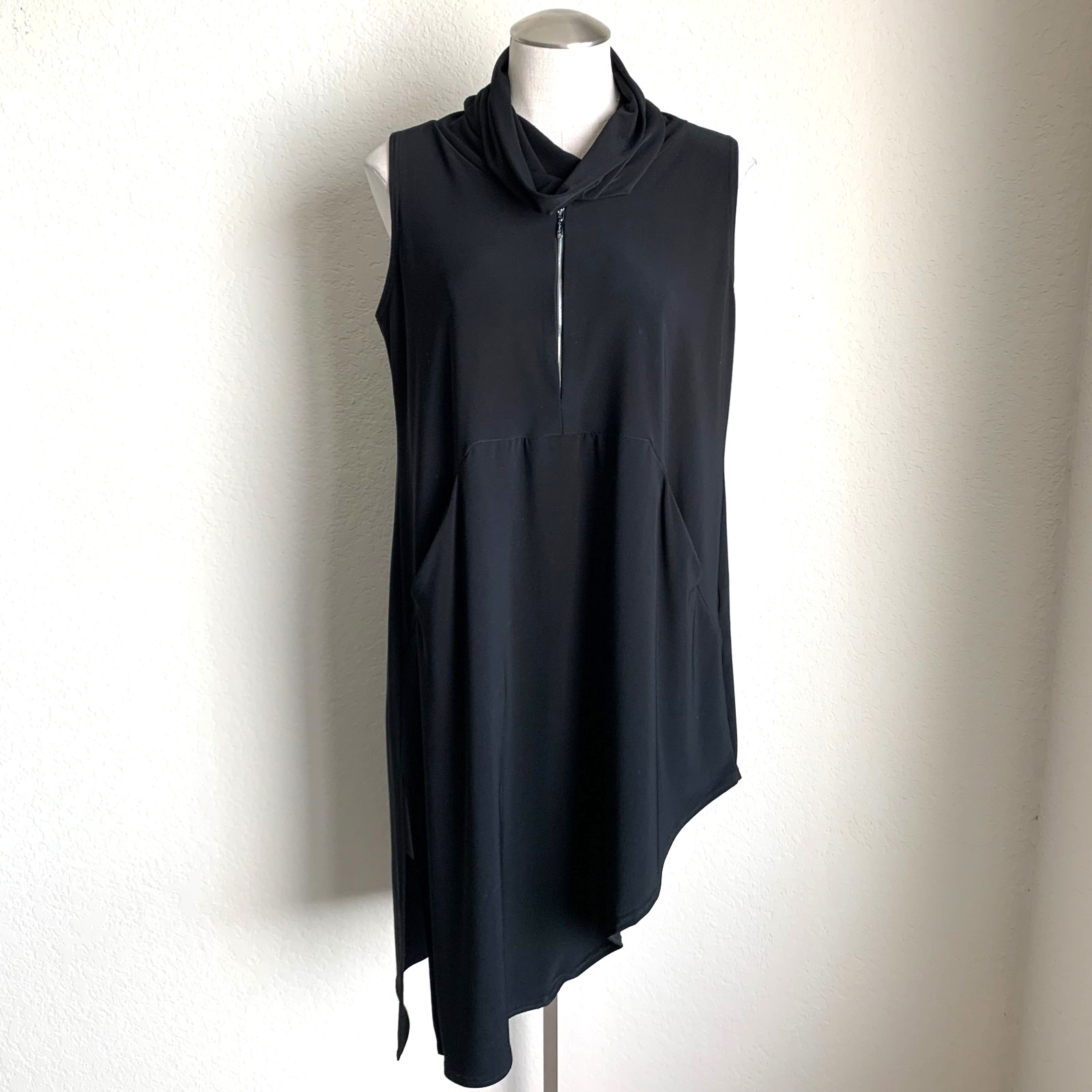 Sympli Canada Cowl Dress Tunic Top Size M Black Sleeveless Front Zip Lagenlook