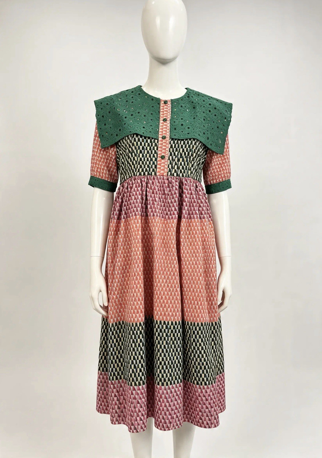 Y.Y.F Women’s Green Eyelet Cotton Geometric Midi A-Line Dress Button Front | M