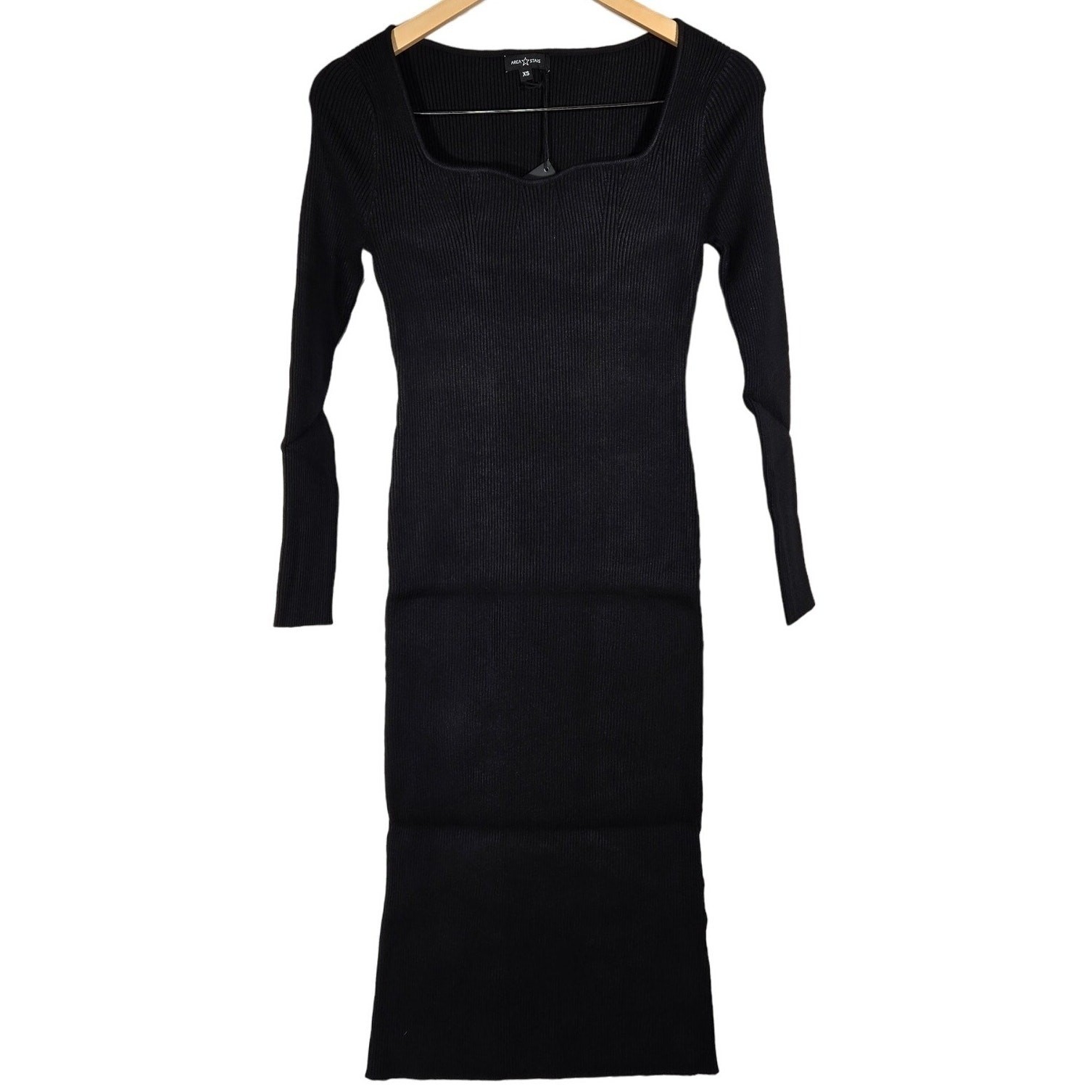 AREA STARS Black Ribbed Knit Square Neck Long Sleeve Sweater Dress XS