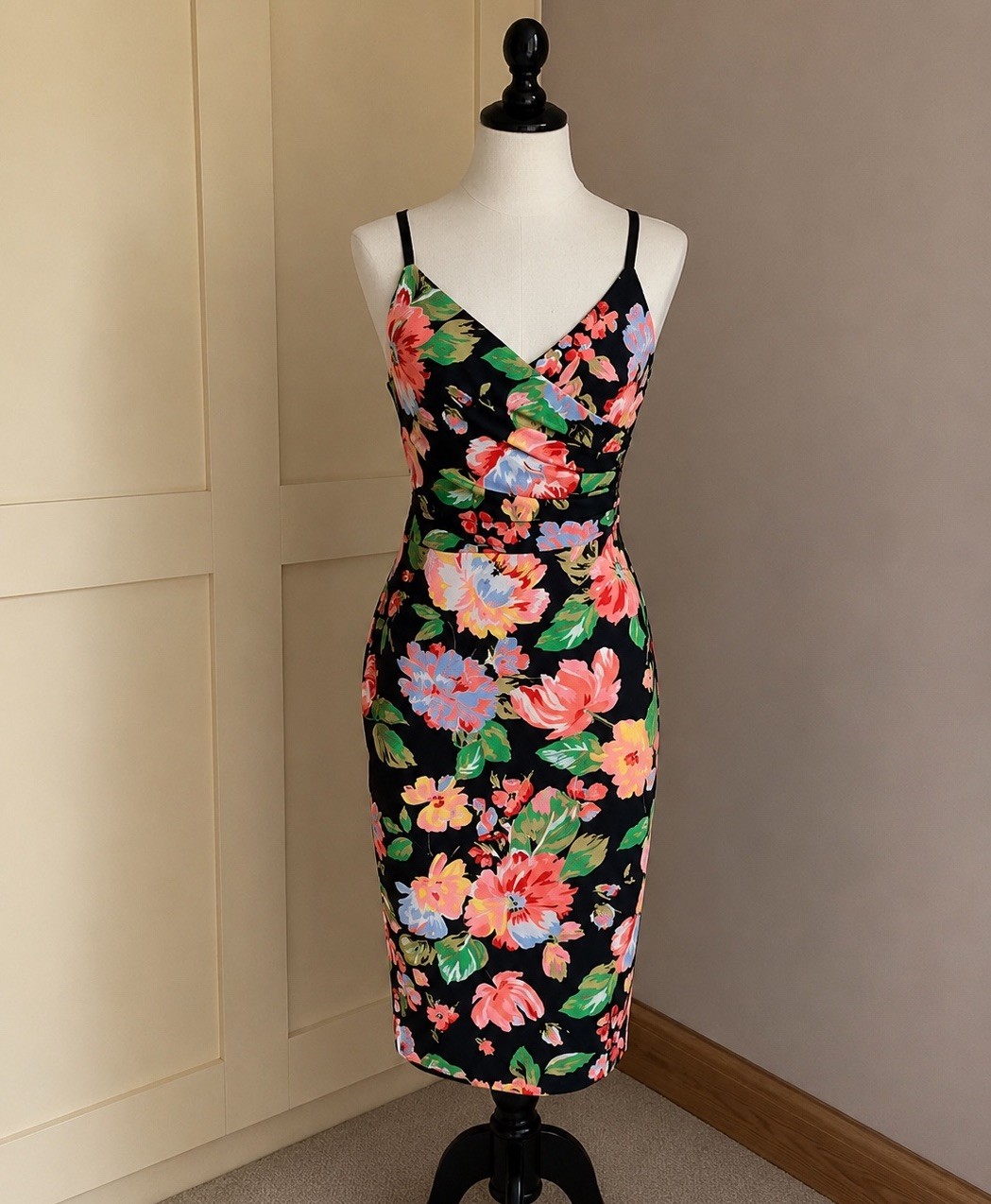 Stylish multicolour cross-over v-neck adjustable strap body con dress • size 10