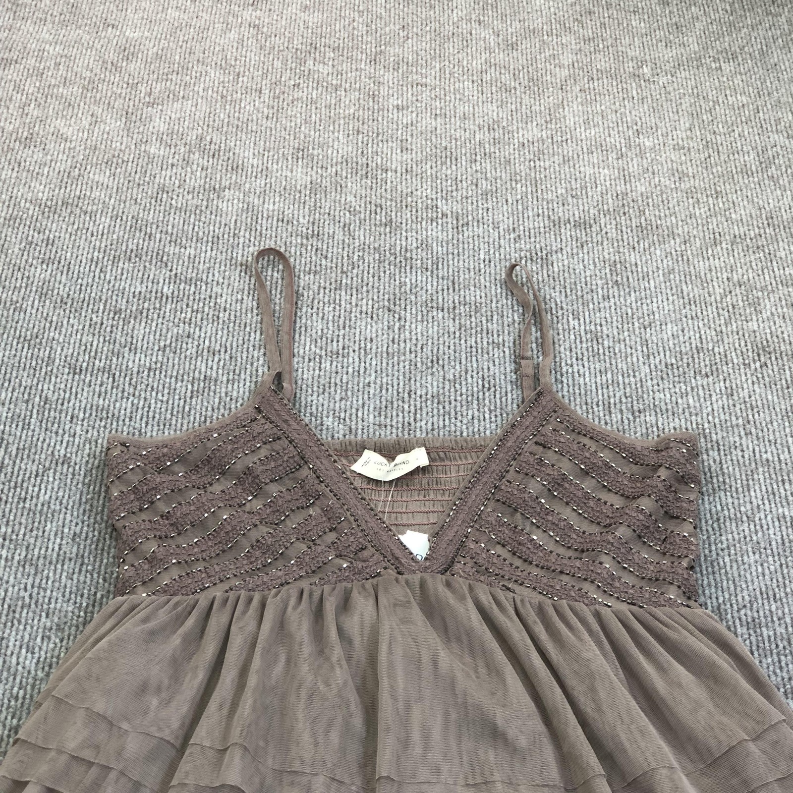 Lucky Brand Dress Womens Small Brown Beaded Smocked Tiered Mesh Party Mini