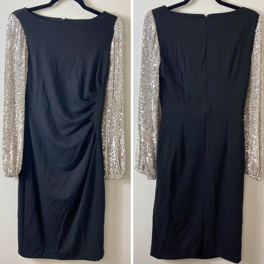 ADRIANNA PAPELL DRESS 4 SEQUIN LONG SLEEVE CHAMPAGNE SILVER BLACK CREPE COCKTAIL