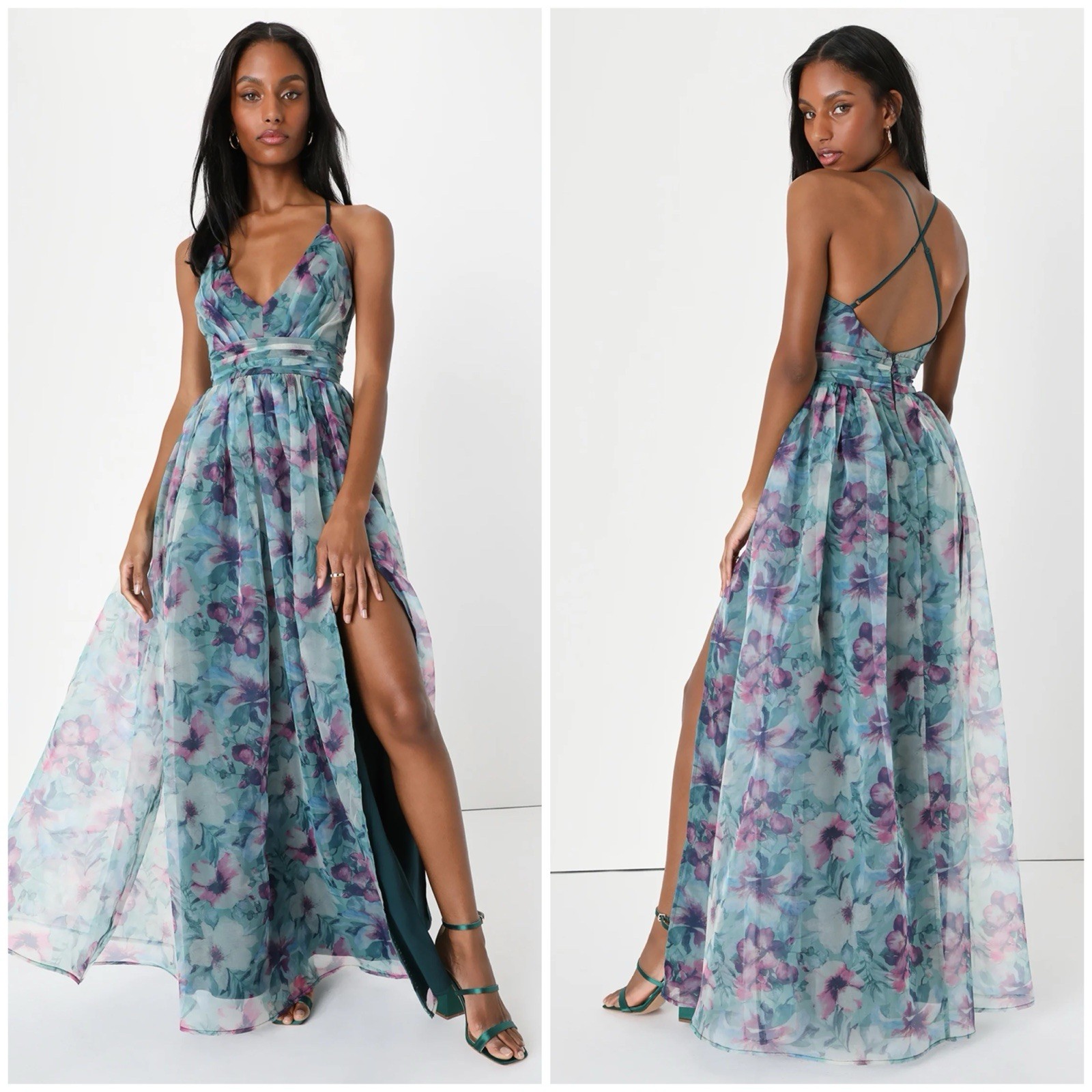 NWT Lulus Romance That Wows Dark Teal Floral Print Organza Maxi Whimsy Dress M