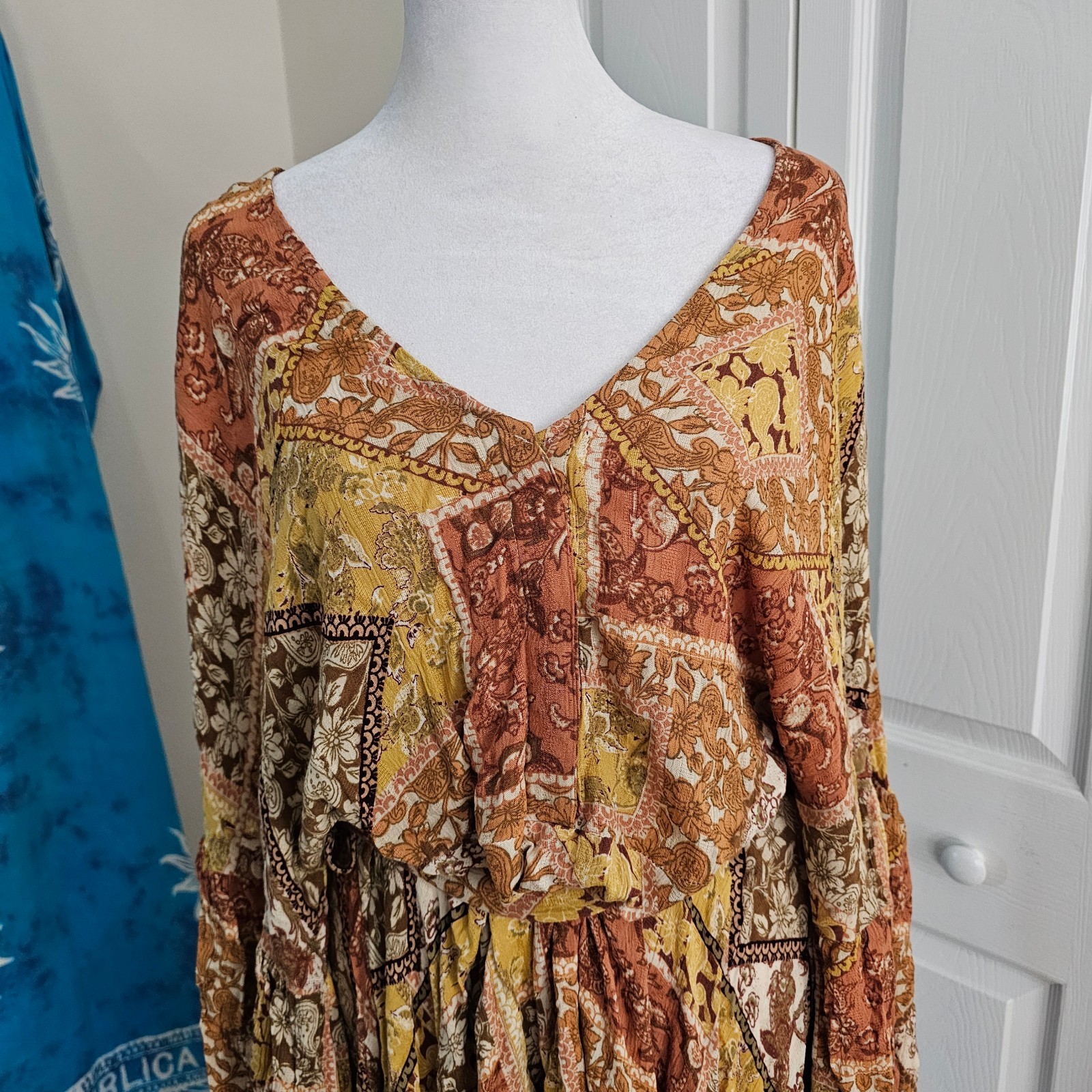 Rip Curl Boho Patchwork Bell Sleeve Tie Waist Flowy Festival Dress Large